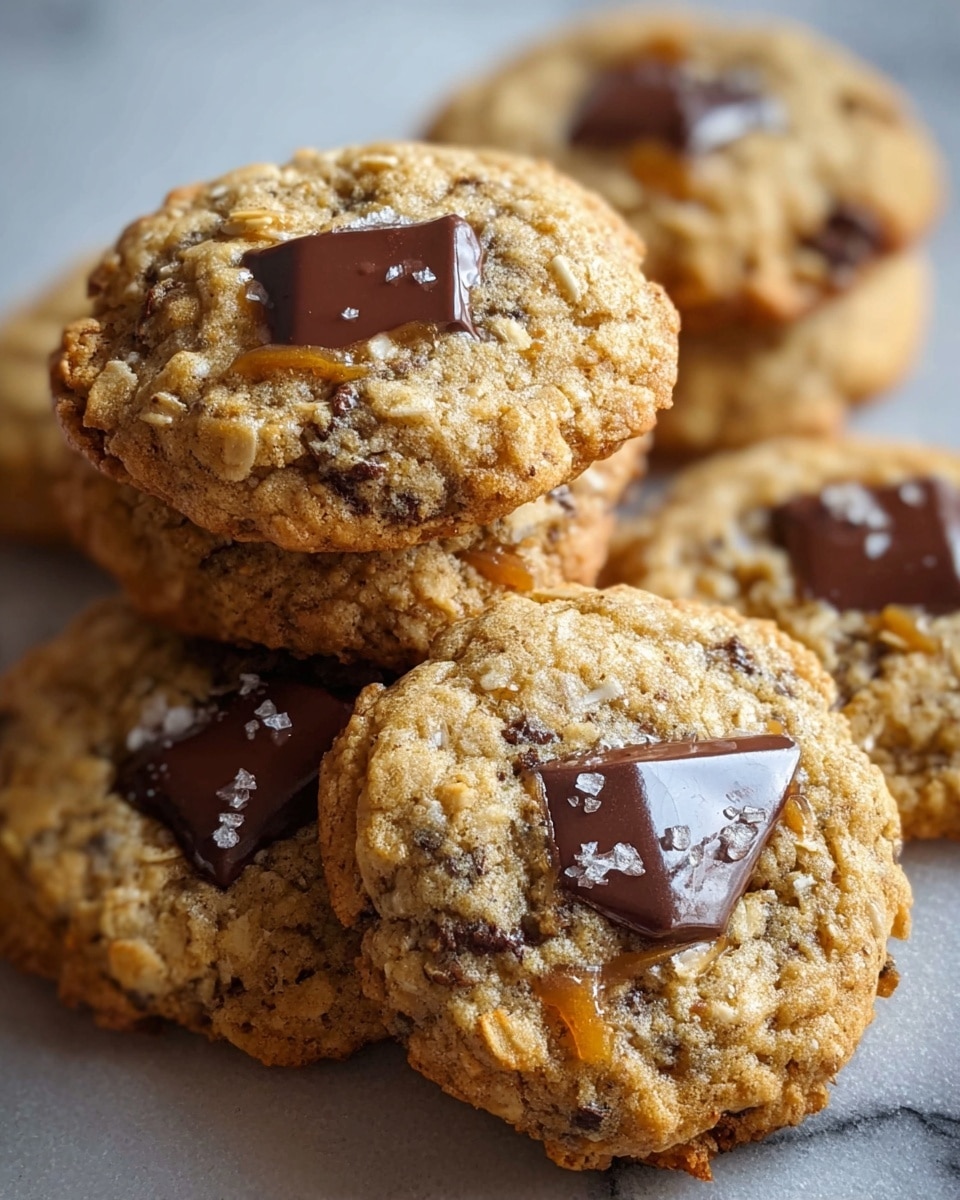 A close-up view of a pile of cookies stacked on a white marbled surface, each cookie golden brown with a slightly rough texture from oats and small chocolate bits mixed throughout. On the top of each cookie, there is a large, shiny dark chocolate chunk that contrasts with the lighter dough. Some cookies also show small caramel spots peeking through. The cookies have a soft and chewy look with slightly crisp edges. Photo taken with an iphone --ar 4:5 --v 7