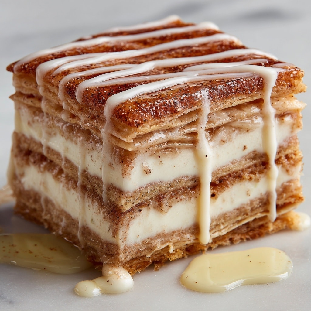A close-up view of a three-layer square piece of lasagna-like dessert shows thin, slightly browned pastry layers on top and bottom, with a creamy white filling layer in the middle. The top pastry layer is coated with a sticky, brown cinnamon-sugar mixture and drizzled with white icing in diagonal lines. Golden syrup drips down the side onto the white marbled surface below, where more white icing and syrup spread around the base of the dessert. The texture of the pastry is crinkly and soft, and the creamy layer looks smooth and thick. Photo taken with an iphone --ar 4:5 --v 7