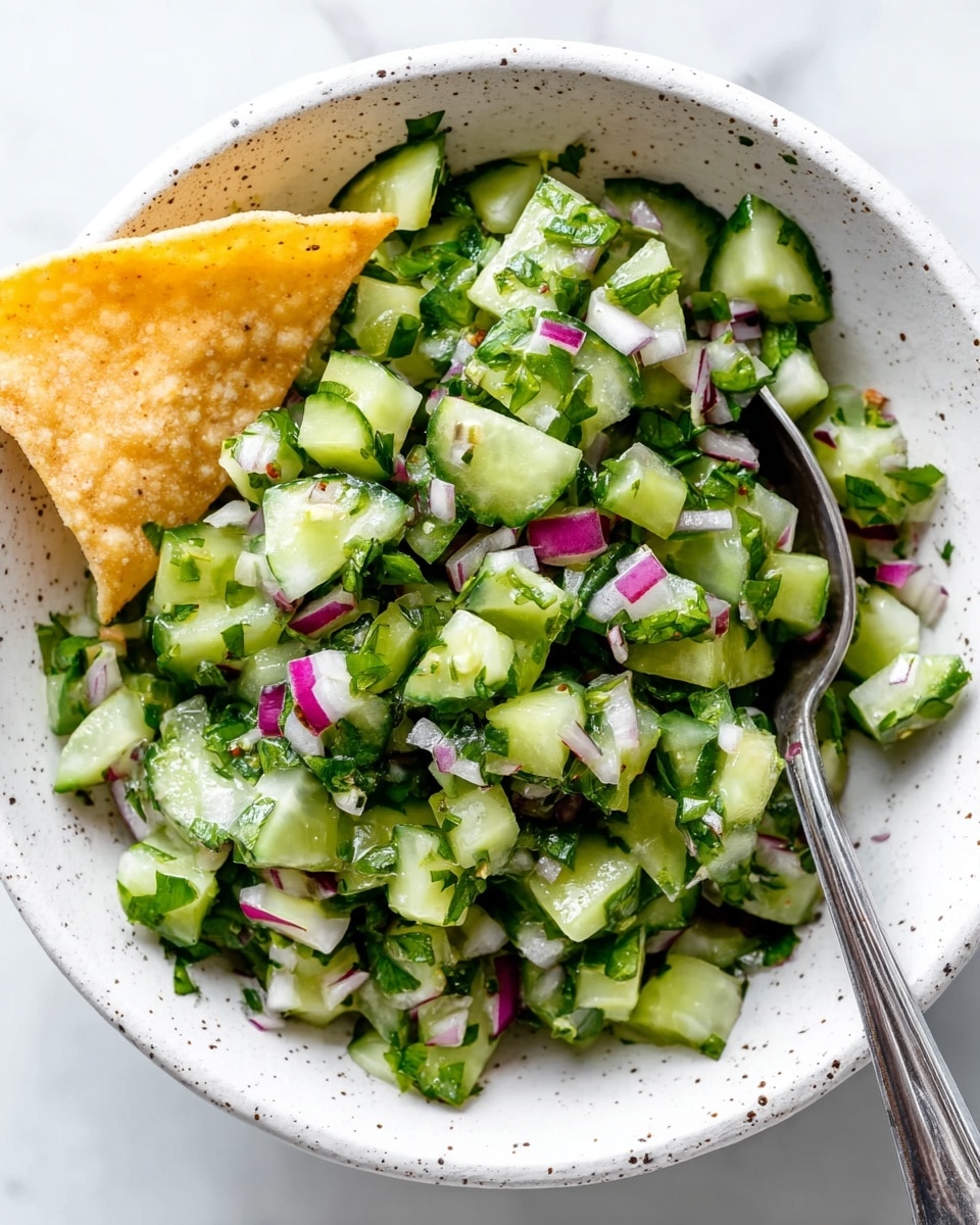 A white speckled bowl filled with a fresh salad made of three main layers: bright green chopped cucumber pieces, small cubes of purple and white red onion, and scattered dark green leafy herbs, all mixed evenly with a light glossy dressing that gives a slight shine to the vegetables. A silver spoon sits inside the bowl on the right side, partially buried in the salad. The bowl rests on a crumpled white marbled surface with a few broken pieces of pale yellowish tortilla chips visible in the top right corner. photo taken with an iphone --ar 4:5 --v 7
