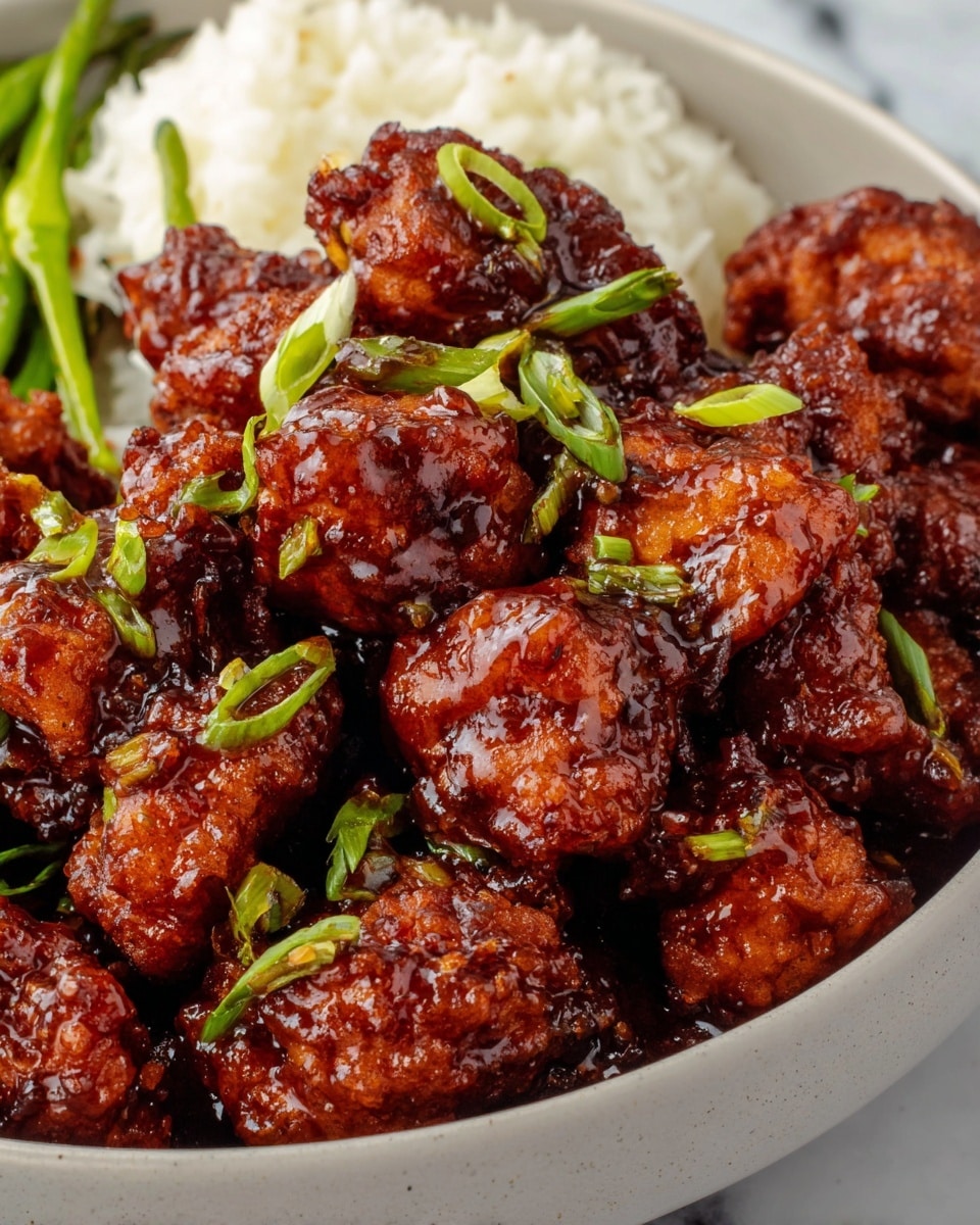 The dish shows crispy chicken bites covered in a shiny, sticky honey butter glaze. Each bite is a golden brown with a thick, glossy dark amber sauce that wraps every piece fully. The chicken pieces are bite-sized with a rough, crunchy texture under the sauce. Bright green chopped scallions are scattered on top, adding small pops of color. The chicken sits piled together in a white bowl, with parts of the white marbled surface visible around it. In the top part of the image, a metal spoon holds one piece of the glazed chicken against the same sauce pool. Photo taken with an iphone --ar 4:5 --v 7