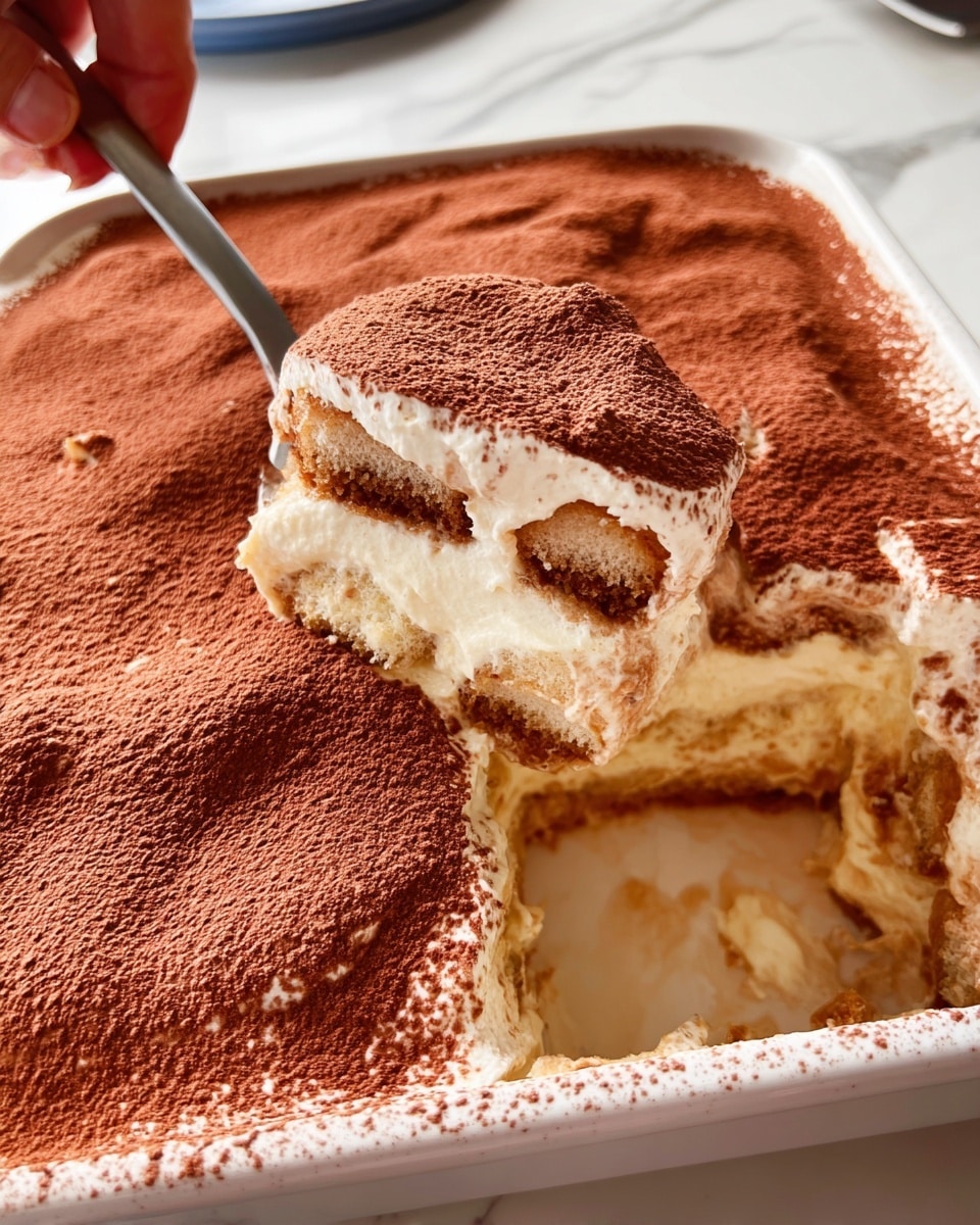 A close-up of a white rectangular baking dish filled with tiramisu. The top layer is a thick, creamy white mascarpone mixture dusted with fine cocoa powder, giving a light brown textured surface. One square piece is lifted by a spoon held by a woman's hand, showing the inside layers: a soft light beige sponge cake soaked with coffee forming the middle layer, below the cocoa-topped creamy layer. The dish is placed on a white marbled surface with part of the dessert already served, revealing the creamy and soaked cake layers inside. Photo taken with an iphone --ar 4:5 --v 7