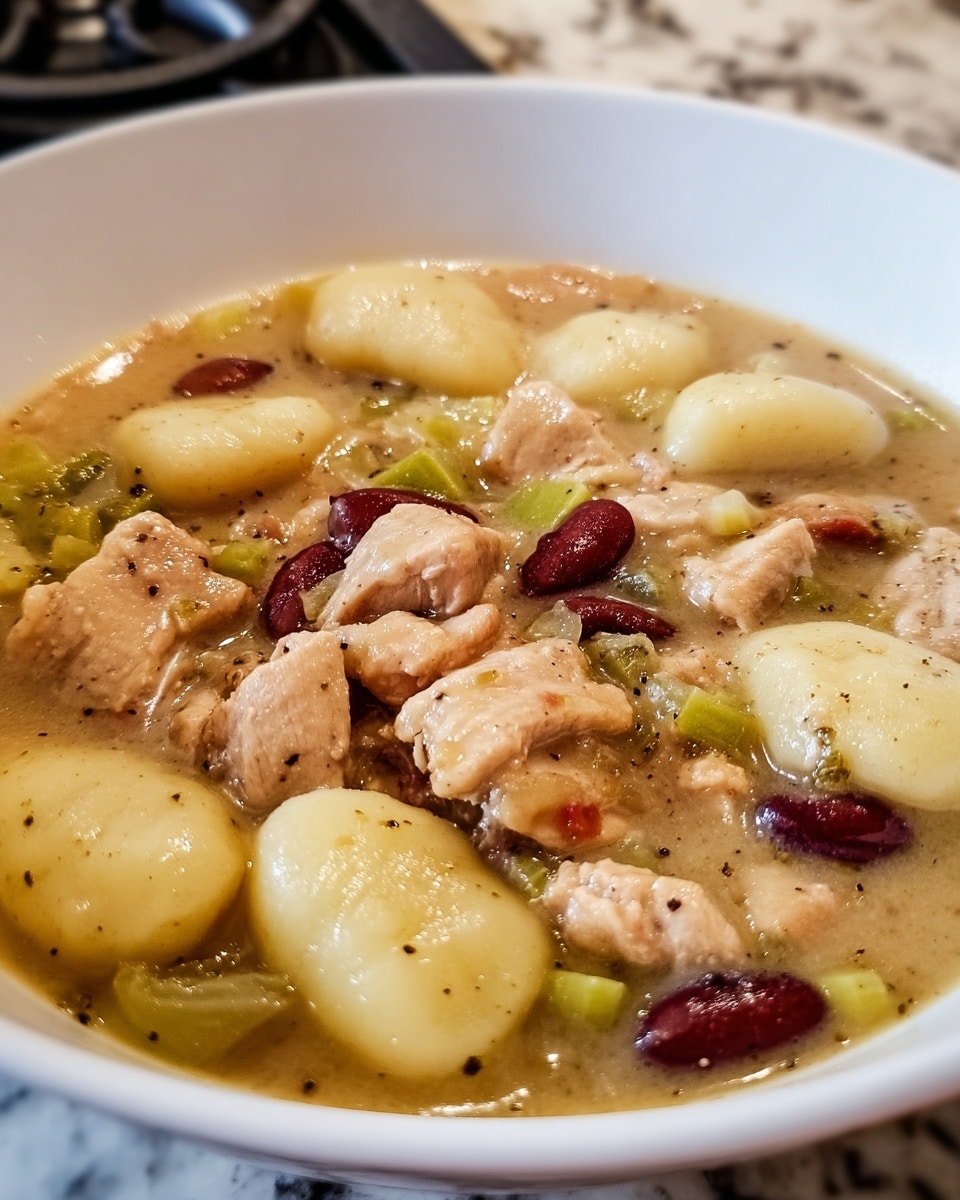 A close-up of a white bowl filled with a thick stew containing several layers: the top layer shows large, pale yellow gnocchi-like dumplings with a smooth, slightly shiny texture, resting in a light brown broth with visible black pepper specks. Scattered among the dumplings are chunks of cooked meat, light brown and slightly crispy on the edges, mixed with greenish celery pieces and red kidney beans, all submerged in the slightly cloudy broth. The bowl sits on a stove, with part of a white marbled countertop visible in the background. Photo taken with an iphone --ar 4:5 --v 7