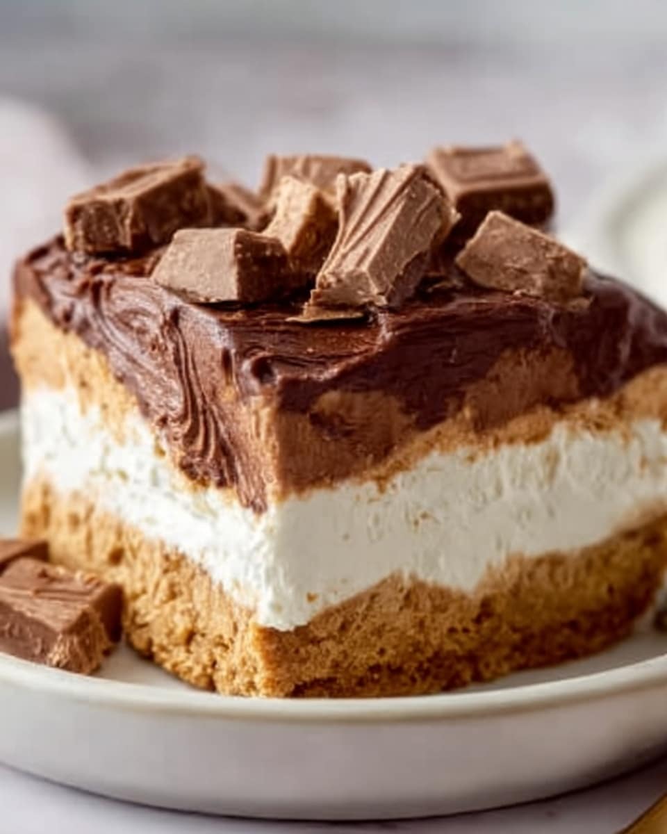 The image shows a slice of layered dessert on a white plate with a white marbled surface in the background. The bottom layer is a thick, crumbly, light brown crust. Above this is a thick, creamy, white middle layer that looks smooth and soft. The top layer is a thick, rich, dark brown chocolate with a glossy texture, spread unevenly with visible swirls. On top of the chocolate layer, there are several chunks of chocolate scattered for decoration. photo taken with an iphone --ar 4:5 --v 7