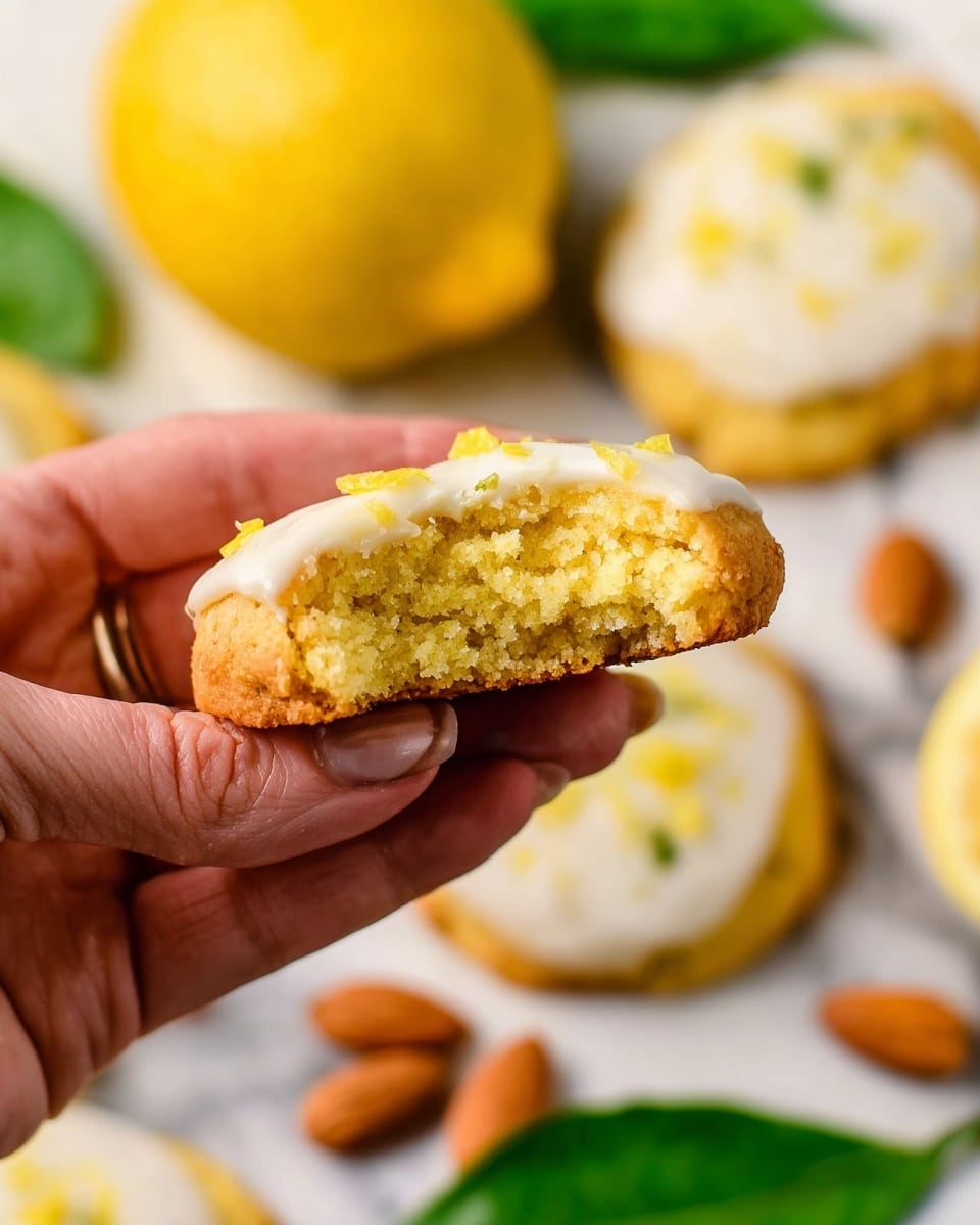 A woman's hand is holding a round lemon cookie broken in half, showing its soft, crumbly yellow inside texture. The cookie has a smooth, white icing layer on top, sprinkled with small yellow zest bits. In the blurred background, there are more lemon cookies with the same icing and yellow zest, a whole lemon, green leaves, and two almonds on a white marbled surface. The colors are mainly warm yellows, whites, and greens, with the cookie's golden-brown edges visible. Photo taken with an iphone --ar 4:5 --v 7