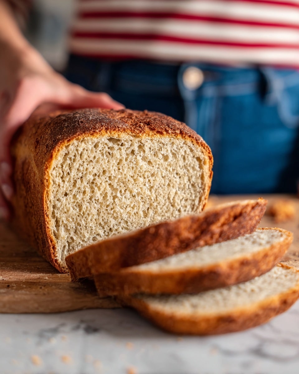A loaf of bread with a brown, rough crust and soft, light beige inside is placed on a wooden board. Three slices of the bread are cut and laid flat in front of the loaf, showing the fluffy, dense texture. A woman's hand is holding the loaf from the side, and she is wearing blue jeans and a gray striped top. In the foreground, there is a white bowl with some green spread inside. The background has a white marbled texture with a bottle of red liquid partially visible. photo taken with an iphone --ar 4:5 --v 7