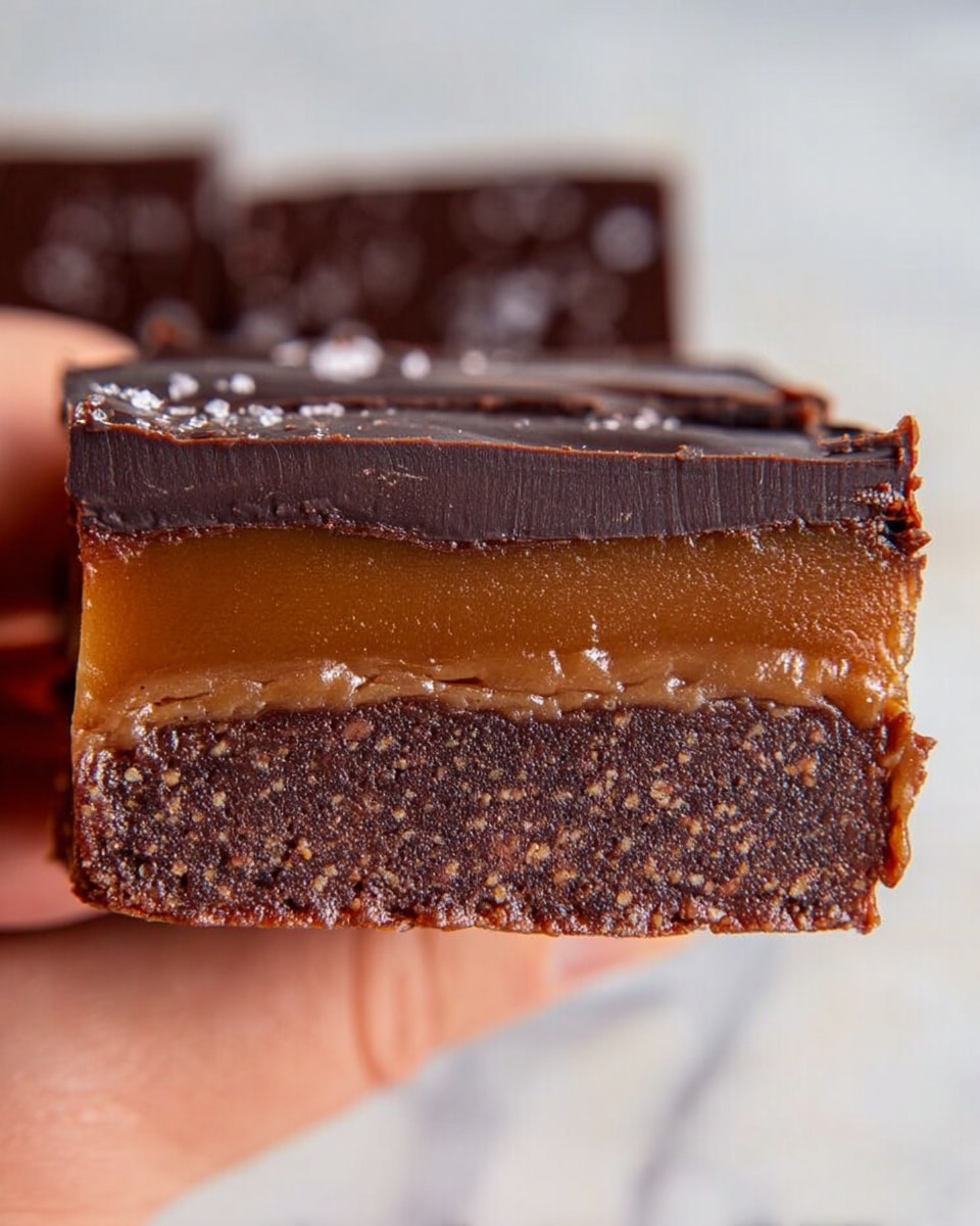 The image shows a close-up of a thick dessert bar held by a woman's hand, with three distinct layers. The bottom layer is dark brown, dense, and slightly grainy, indicating a rich chocolate base. The middle layer is a glossy, caramel-colored filling with a smooth and sticky texture. The top layer is a shiny, dark chocolate coating with a few small cracks, giving a firm finish. The background has a white marbled texture. photo taken with an iphone --ar 4:5 --v 7