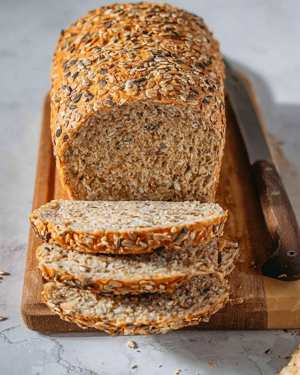 A rectangular loaf of bread sits in a metal baking pan on a white marbled surface, fully baked with a golden brown crust. The top layer is thick and covered evenly with a mix of various seeds like sesame, sunflower, and flax seeds, creating a textured and crunchy appearance. The bread rises slightly above the pan edges, showing a dense but soft interior under the seeded crust. The whole image has a simple natural sunlight glow coming from the side, highlighting the textures and warm colors of the bread. photo taken with an iphone --ar 4:5 --v 7