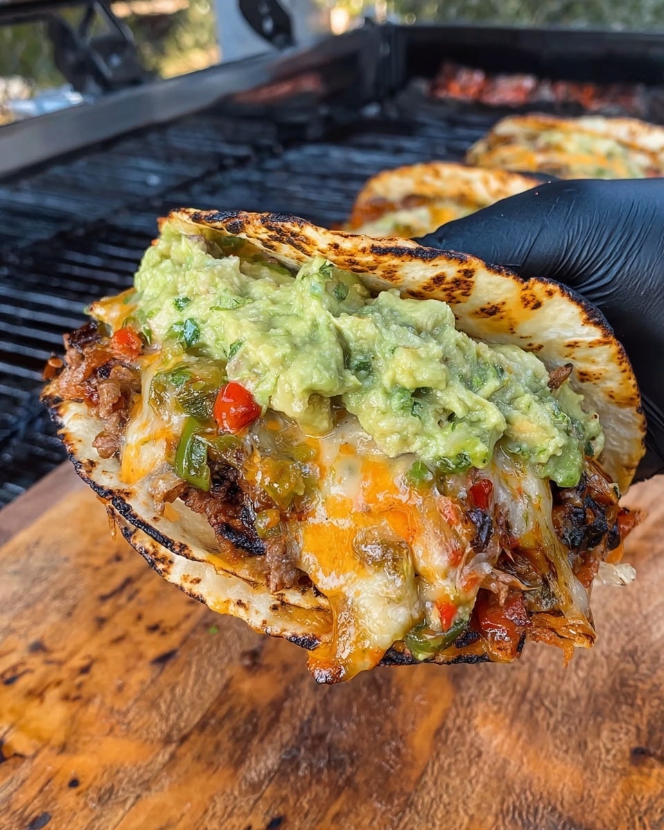 A close-up of a woman's hand wearing a black glove holding a quesadilla slice with visible three layers: a crispy, golden toasted outer tortilla on top and bottom, a middle layer of melted white cheese mixed with cooked meat pieces, grilled green and red peppers, and a layer of bright green guacamole with small chunks of cilantro and onions spread thickly on top. The background shows other quesadilla pieces stacked on a white marbled textured surface, hinting at a casual outdoor setting with a grill visible in the distance. photo taken with an iphone --ar 4:5 --v 7