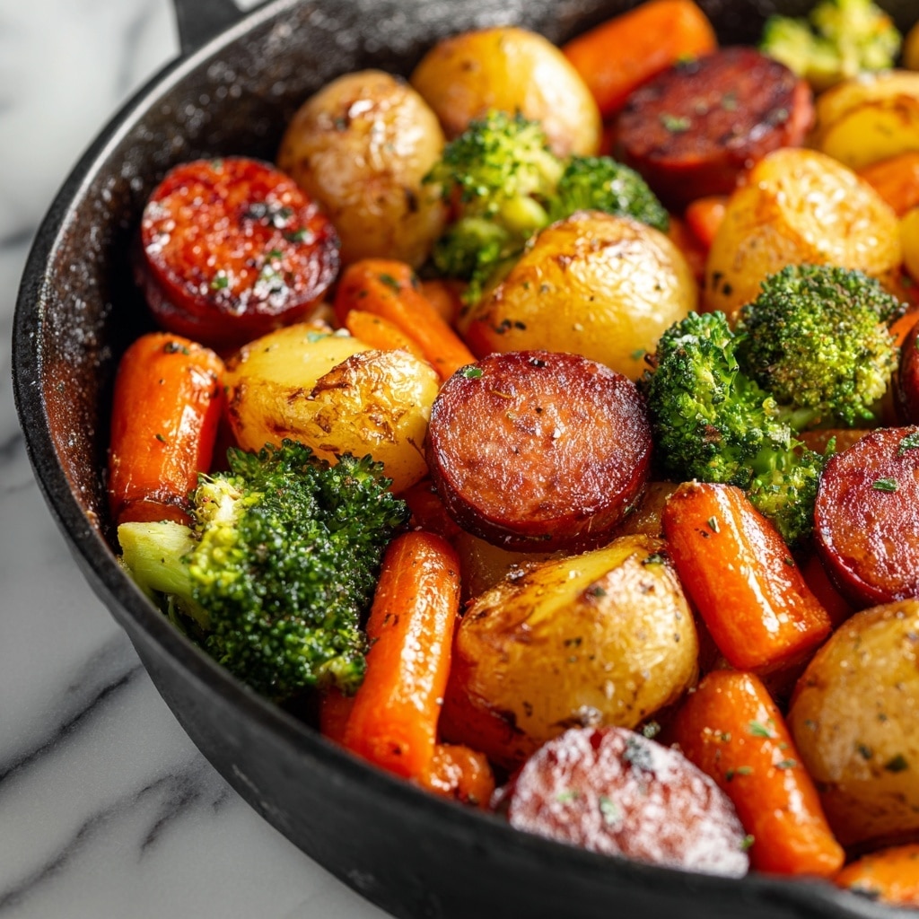 A black pan filled with a colorful mix of cooked vegetables and sliced sausage. The bottom layer includes glazed golden baby potatoes and bright green broccoli florets with a slightly charred texture, scattered evenly throughout. Above them are glossy orange baby carrots, some resting horizontally and others at an angle, with a few pieces of translucent cooked onion peeking through. The top layer features thick, glistening slices of reddish-brown sausage with clear grill marks, arranged in a way that showcases their juicy texture. The entire dish is lightly sprinkled with small green herb bits, and the ingredients appear coated in a shiny, flavorful glaze. Photo taken with an iphone --ar 4:5 --v 7