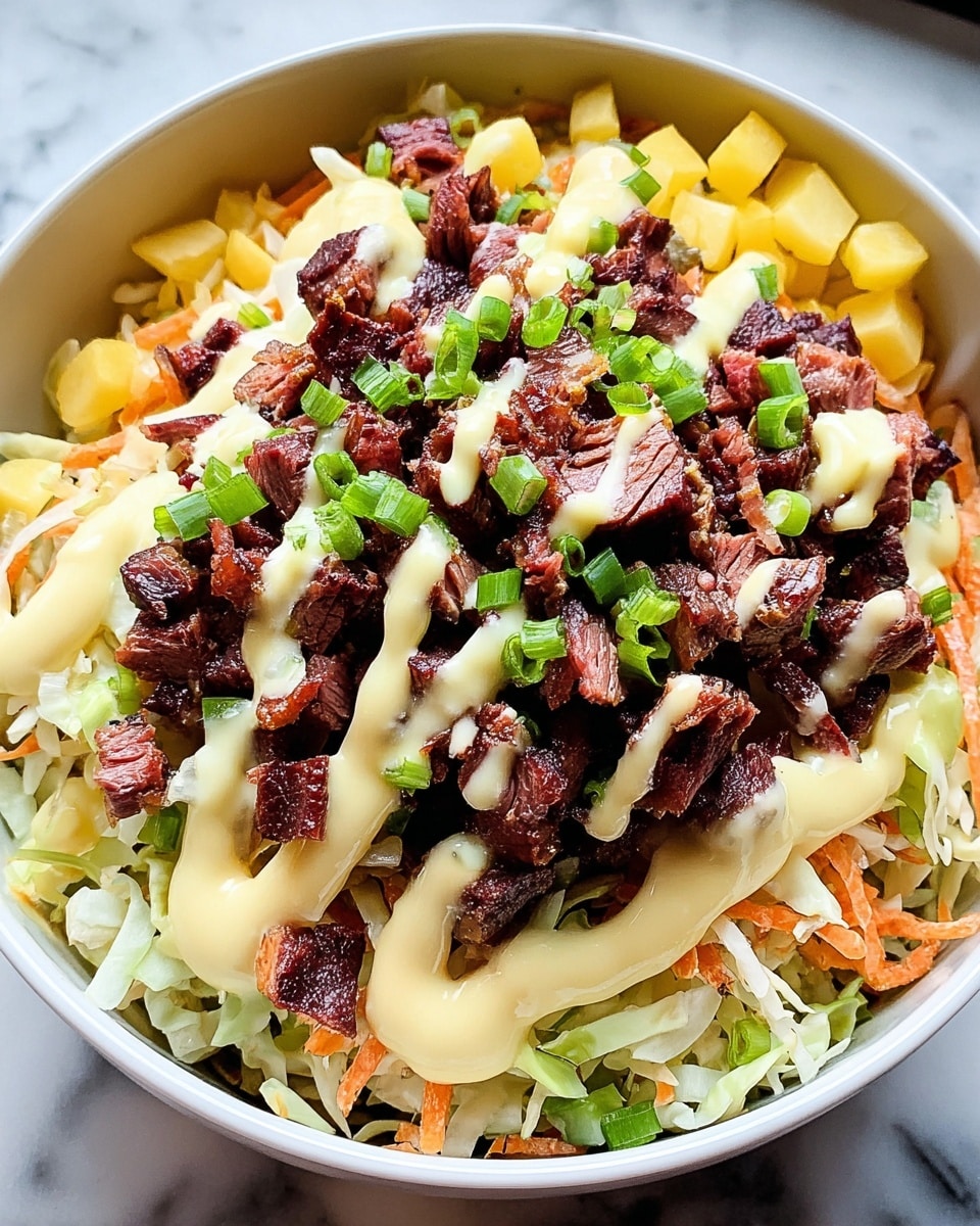 A white bowl filled with a layered dish starting with a base of shredded pale green cabbage. On top of the cabbage are medium-thick slices of dark pink grilled meat arranged in a circular pattern around the bowl. Above the meat lies a mound of finely shredded orange and white vegetables, likely carrots and radish. Drizzled over the top is a creamy light yellow sauce, covering the shredded vegetables and meat unevenly. The dish is garnished with small pieces of bright green chopped scallions scattered on the creamy sauce, adding color contrast. The bowl is set on a white marbled surface. photo taken with an iphone --ar 4:5 --v 7