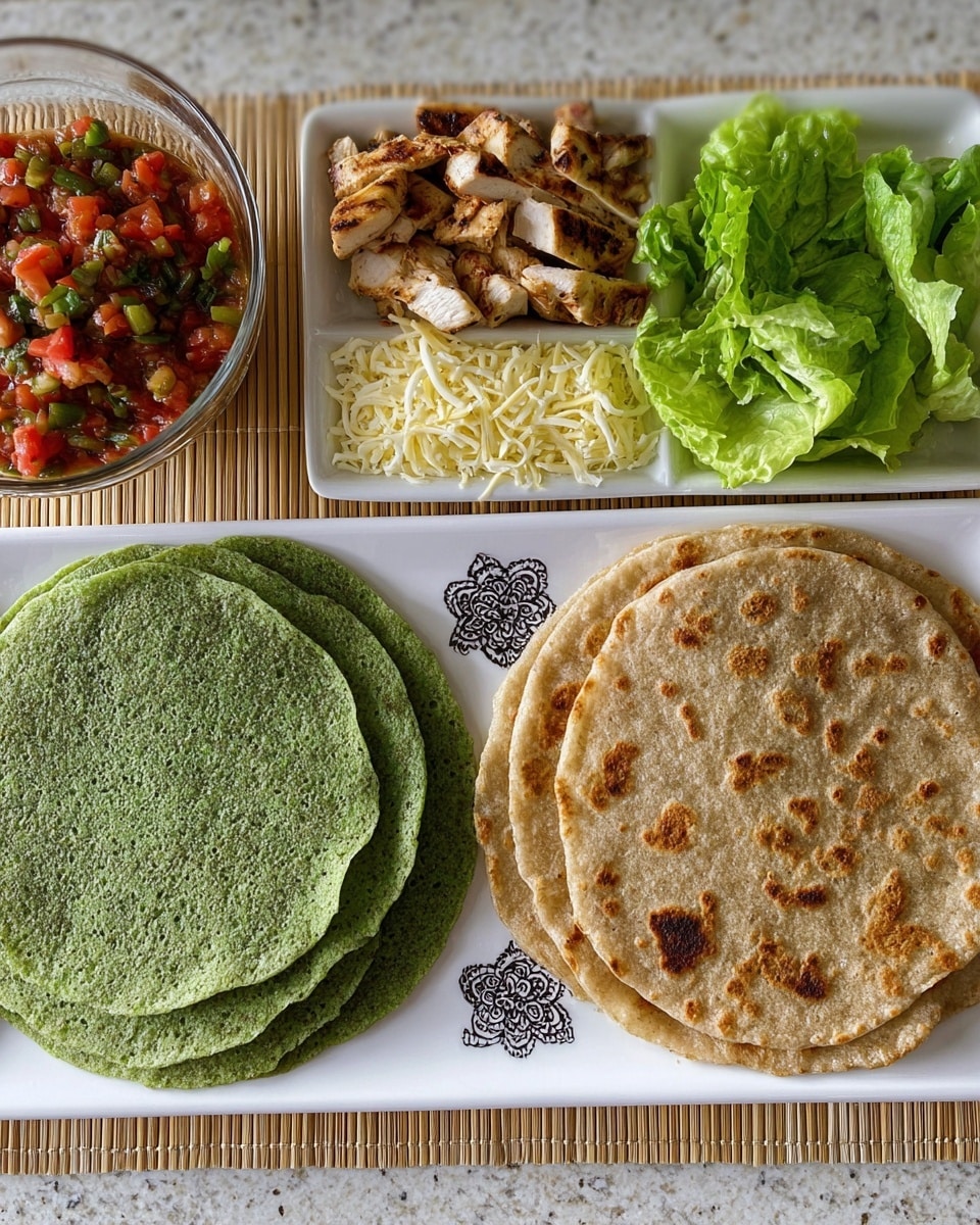 The image shows a white rectangular plate with two stacks of flatbreads: on the left, several green flatbreads with a porous texture, and on the right, several light brown flatbreads with a slightly rough surface, both positioned side by side with a decorative black pattern between them. Above this plate is another white rectangular plate divided into three sections: the left side holds shredded pale yellow cheese, the middle has fresh green lettuce leaves with a crinkled texture, and the right side contains grilled, sliced chicken pieces with a golden-brown sear. To the left, there is a glass bowl filled with a chunky red and green salsa made from diced tomatoes, onions, and green chilies. All items are placed on a white marbled surface with a bamboo placemat partially visible underneath. photo taken with an iphone --ar 4:5 --v 7