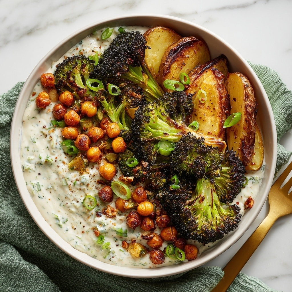 A white bowl on a white marbled surface holds a dish with three main layers: at the bottom is a creamy white sauce with visible green herb pieces; on top are golden-brown roasted potato wedges and bright green roasted broccoli florets mixed with golden chickpeas; the dish is garnished with chopped green onions and scattered small pieces of brown nuts. In the background, a white baking tray filled with more roasted potatoes, chickpeas, and broccoli is visible at the top left. To the bottom left, there is a white bowl with extra creamy sauce. A green cloth napkin lies next to the bowl on the right side, with two gold forks resting on it, and a small grey bowl with chopped nuts is above the main bowl. Some fresh green herb leaves are peeking from the upper right corner. photo taken with an iphone --ar 4:5 --v 7