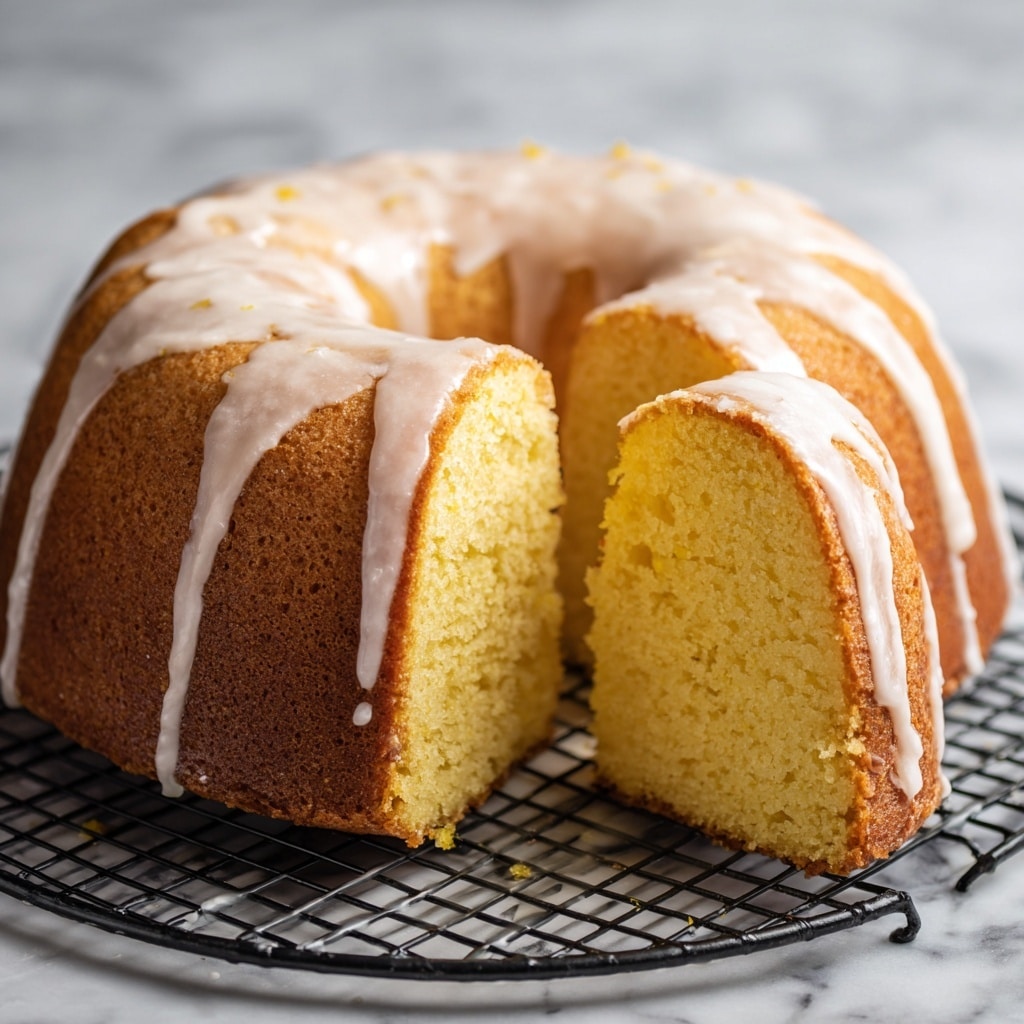 The image shows a thick, soft, yellow cake with a smooth texture, cut in half to reveal its fluffy inside. The cake has one main layer and is topped with a shiny, white glaze that gently drips down the sides. The cake is placed on a black wire rack, and the surface beneath has a white marbled texture. The glaze contrasts nicely with the warm yellow color of the cake, making it look moist and inviting. Photo taken with an iphone --ar 4:5 --v 7