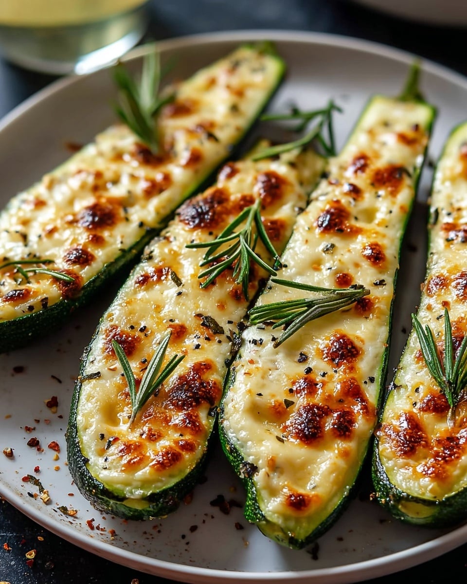 The image shows four zucchini boats, each halved lengthwise with dark green skin and the inside hollowed out and filled with a creamy golden cheese layer that is bubbly and browned in spots. The cheese layer has a shiny texture with small black pepper flakes scattered across it. Each zucchini boat is topped with small sprigs of fresh green rosemary. They are arranged closely together on a round white plate, which sits on a white marbled surface. There are a few crumbs and pepper flakes around the plate edges, adding texture to the scene. photo taken with an iphone --ar 4:5 --v 7