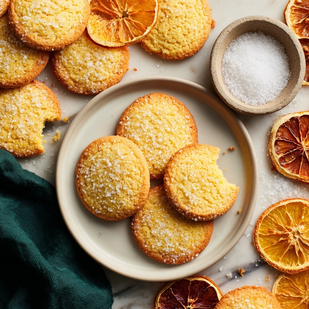 The image shows a stack of five round sugar cookies. Each cookie has a light golden brown color with a slightly bubbly texture on the surface. The edges of the cookies are coated thickly with large, sparkling sugar crystals that catch the light. The top cookie leans slightly against the stack, showing off the rough sugar coating on its edge. The cookies sit on a white marbled surface with a few scattered sugar crystals around them. The background is blurred green with soft light spots. Photo taken with an iphone --ar 4:5 --v 7