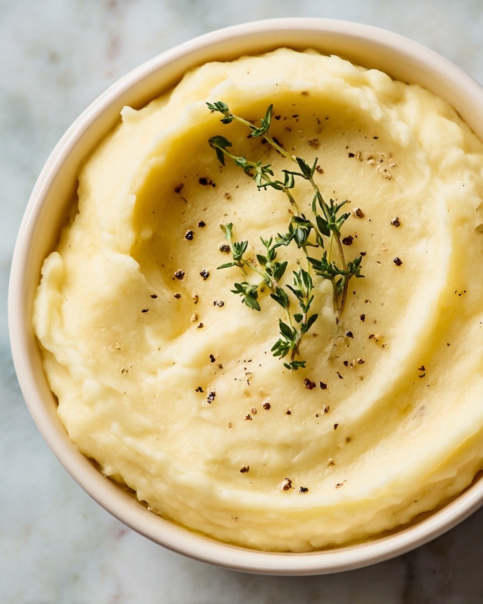 A close-up image of a smooth, creamy mashed potato dish served in a white bowl. The mashed potatoes have a soft, fluffy texture with a light off-white color. On top, there is a single sprig of fresh green thyme placed in the center. The surface of the mashed potatoes is sprinkled with small black pepper flakes, giving it a speckled look. The background is a white marbled texture, keeping the focus on the dish. Photo taken with an iphone --ar 4:5 --v 7