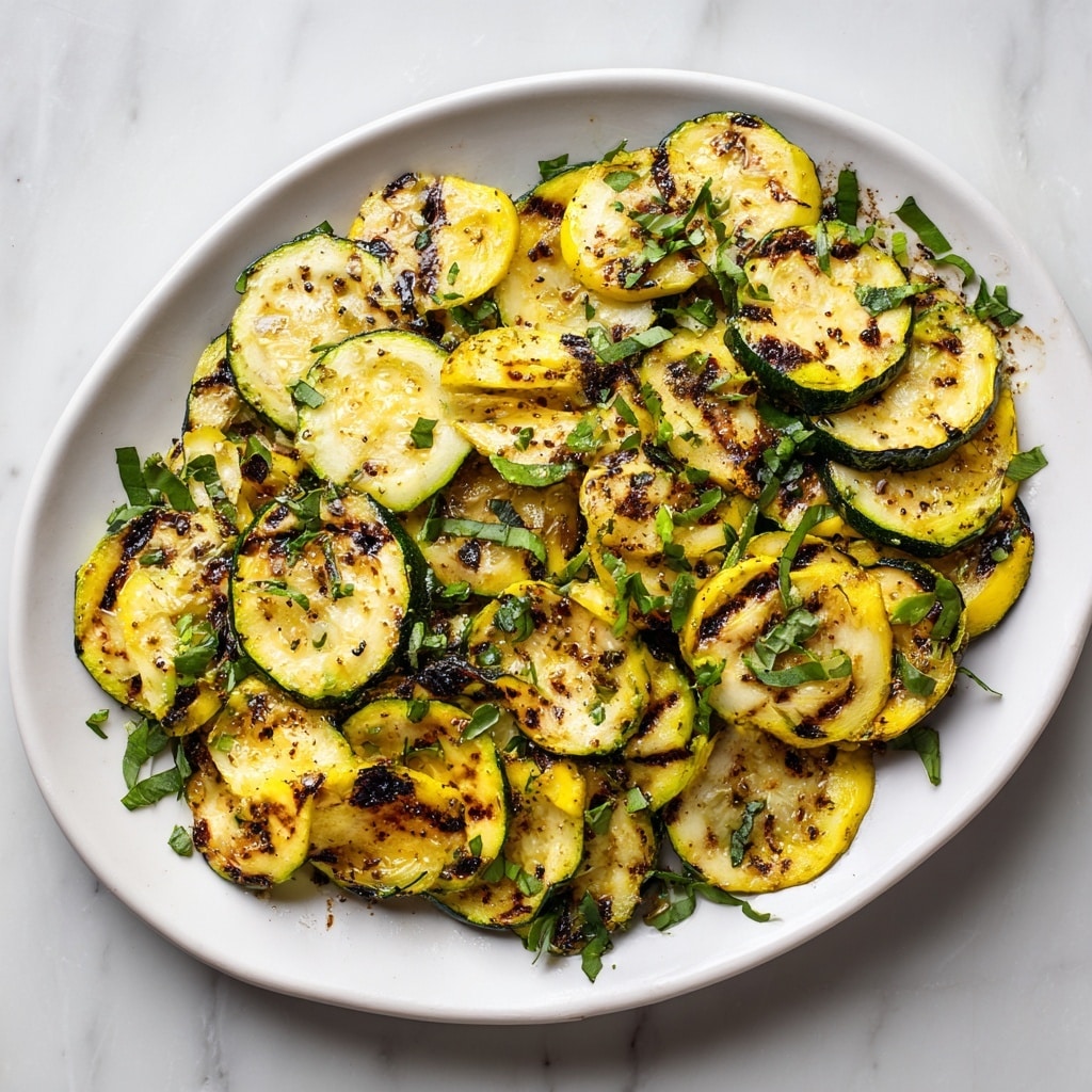 The image shows thin slices of grilled zucchini layered unevenly, with a mix of light green and dark green skin edges and soft pale green inner flesh. The zucchini pieces have visible char marks, showing a slightly brown, grilled texture, and are sprinkled with small green herb pieces and tiny bits of chopped garlic, creating a fresh and lightly seasoned look. The slices overlap each other and fill the frame, placed on a white marbled textured surface. photo taken with an iphone --ar 4:5 --v 7