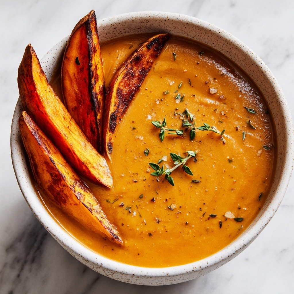 A bowl filled with creamy, thick orange-brown sweet potato soup with specks of seasoning throughout, topped with five roasted sweet potato wedges arranged in a fan shape on the left side, their skins slightly charred and textured, and two sprigs of fresh green thyme placed diagonally on the right side. The soup and toppings are in a white speckled bowl, set on a white marbled surface. photo taken with an iphone --ar 4:5 --v 7