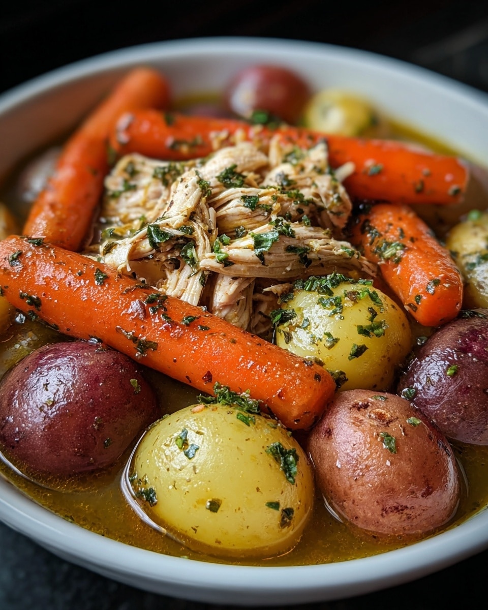 A white bowl filled with a stew showing three main layers: the bottom layer has a light brown broth that looks clear and slightly oily; the middle layer contains whole small red and yellow potatoes with smooth, shiny skins and large, thick chunks of bright orange carrots, all coated with green herbs; the top layer features pieces of shredded, moist chicken that are golden brown with visible seasoning of herbs and spices, spread across the vegetables. Photo taken with an iphone --ar 4:5 --v 7