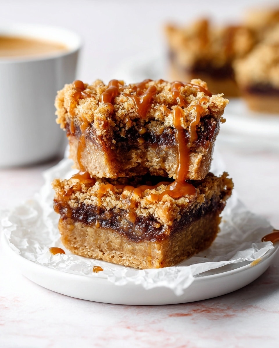 The image shows a stack of three mini crumb bars placed on a white plate lined with white parchment paper on a white marbled background. Each crumb bar has three layers: the bottom layer is a light brown, dense oat crust, the middle layer is a thick dark brown jam filling, and the top layer is a crumbly oat topping with a golden-brown color. Light caramel drizzle is spread across the top crumb layer in a zigzag pattern on each bar. One crumb bar on top has a bite taken out, exposing the gooey jam inside. In the blurred background, there is another crumb bar and a cup with caramel dripping at the rim. photo taken with an iphone --ar 4:5 --v 7