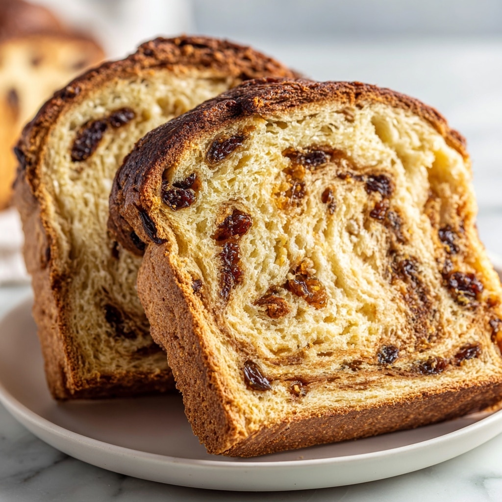 The image shows two thick slices of raisin bread placed on a white plate, resting on a white marbled surface. The bread has a golden brown crust with a slightly darker top, and the inside is light beige with visible swirls of dark raisins spread evenly throughout the soft, dense texture. The slices are angled to reveal the swirl pattern, and the bread looks moist and fresh, with a mix of larger and smaller raisins embedded inside. The background is blurred softly, keeping the focus on the detailed texture and color contrasts of the bread. Photo taken with an iphone --ar 4:5 --v 7