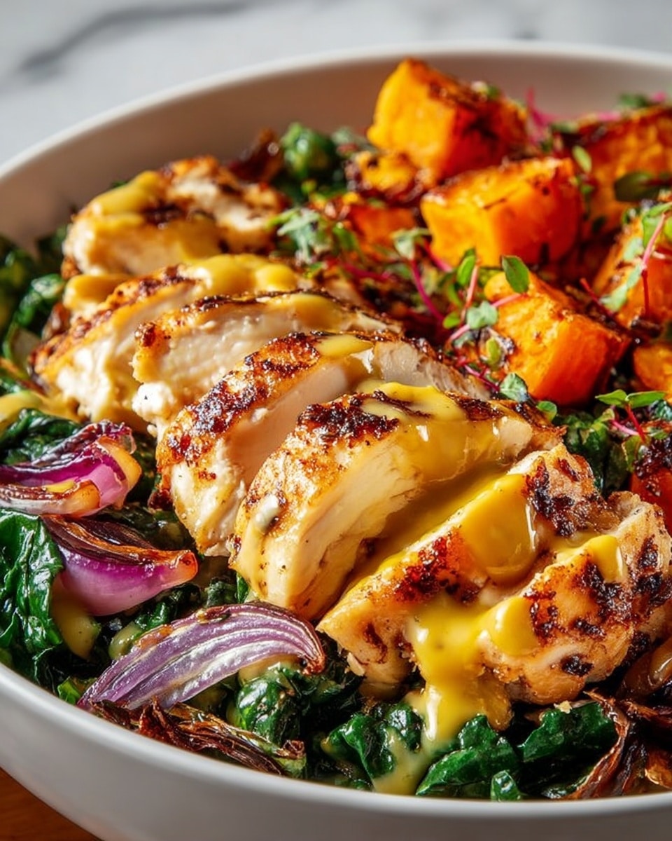 The dish shows four thick slices of grilled chicken breast, with a golden brown outside and a light sauce drizzled on top, arranged in the middle. Around the chicken, there are bright orange chunks of roasted sweet potatoes at the top and vibrant green leafy vegetables mixed with roasted red onion slices at the bottom. The chicken and vegetables rest in a shallow, round white bowl on a white marbled surface, creating a fresh and colorful presentation. photo taken with an iphone --ar 4:5 --v 7
