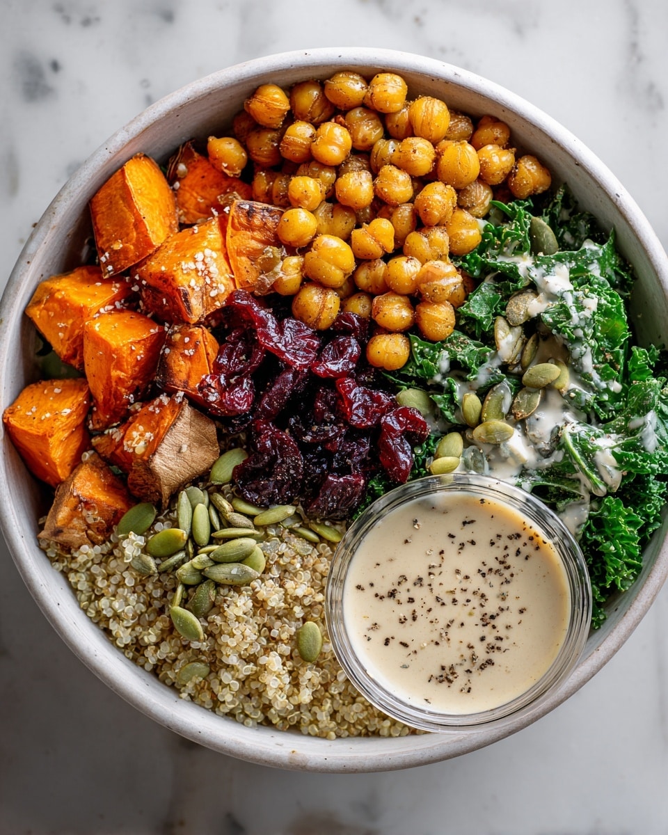 A white bowl filled with six layers arranged circle-wise: the first layer is roasted cubed sweet potatoes with a shiny, slightly charred orange surface on the left side, next to a cluster of round, golden chickpeas at the top, followed by a pile of dark red dried cranberries beside the chickpeas; beneath the cranberries is a bed of dark green kale drizzled lightly with creamy dressing and scattered with green pumpkin seeds; in the center is light beige quinoa topped with more pumpkin seeds and small white flakes resembling coconut; at the bottom right is a clear small glass container of creamy beige sauce sprinkled with black pepper; the background shows a white marbled texture photo taken with an iphone --ar 4:5 --v 7