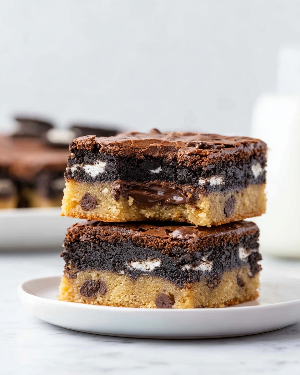 The image shows a stack of five square dessert bars on a white plate set on a white marbled surface. Each bar has three distinct layers: the bottom layer is a light golden cookie dough base with visible chocolate chips, the middle layer consists of whole Oreo cookies with their black and white contrast, and the top layer is a thin, slightly cracked dark brown brownie crust. The dessert bars are stacked casually with some bars leaning on each other, showing the clear distinction of all three layers from the side. The background is a blurred white subway tile wall. Photo taken with an iphone --ar 4:5 --v 7