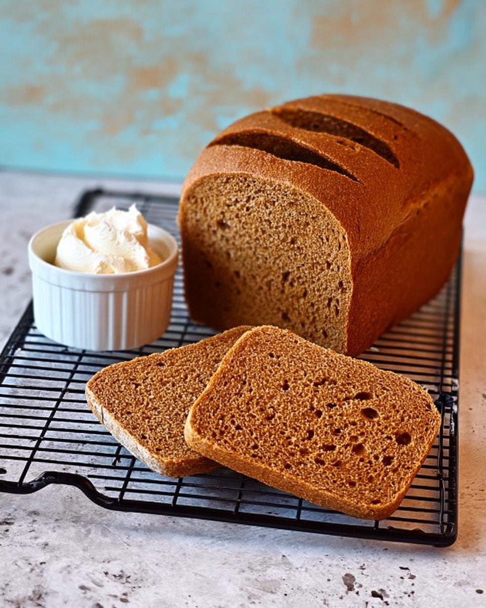 Two freshly baked rectangular loaves of bread rest side by side on a black wire rack placed on a white marbled surface. Both loaves have a golden brown crust with slight variations of darker and lighter shades, showing a rough and cracked texture on the top. The loaves have a few small air holes visible on the upper crust, and some faint white flour dusting scattered unevenly. The overall shape is slightly rounded at the corners and flat on top, with an inviting rustic appearance. Photo taken with an iphone --ar 4:5 --v 7