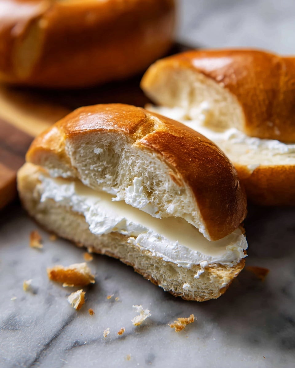 The image shows a soft, golden-brown bagel cut in half, with a thick layer of white cream cheese spread inside. The bagel has a slightly shiny and smooth crust with a few cracks on the surface, and the cream cheese looks smooth and creamy, evenly spread in between the two halves. The bagel pieces are placed closely together on a white marbled surface, with some crumbs scattered around, adding texture to the scene. The focus is on the bagel with a shallow depth of field, giving a cozy and fresh look. photo taken with an iphone --ar 4:5 --v 7