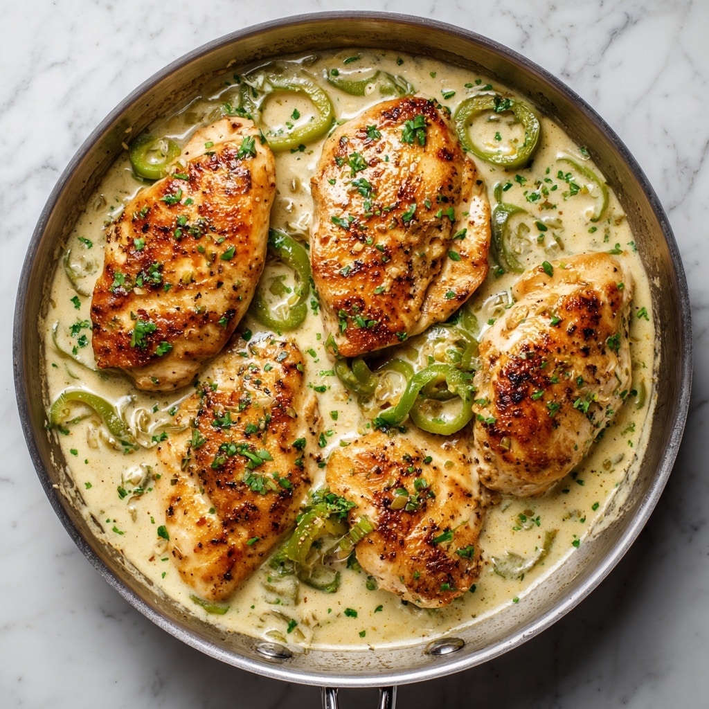 The image shows four golden-brown cooked chicken breasts arranged in a pan, covered in a thick creamy light green sauce with visible sliced green peppers and herbs scattered on top. The chicken has a slightly crispy texture where it is browned, contrasting with the smooth, rich sauce that fills the pan. Small bits of green herbs are sprinkled over the entire dish, adding a fresh touch. The pan edge is visible on the right side. The background is a white marbled texture. photo taken with an iphone --ar 4:5 --v 7
