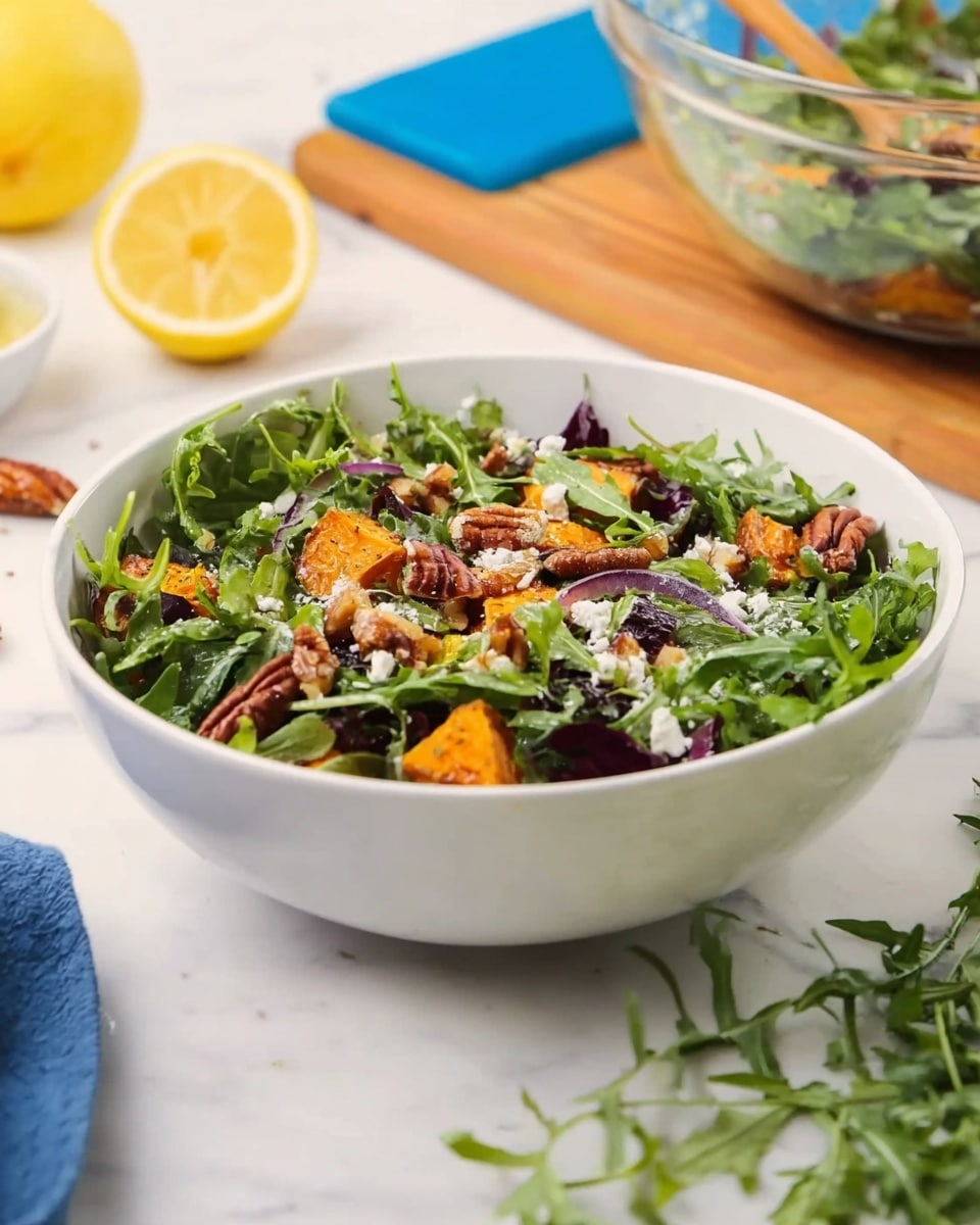 The image shows a bowl of fresh salad with green leafy arugula as the base layer mixed with some purple leaves and small pieces of orange roasted sweet potatoes spread evenly on top. There are crunchy pecans scattered over the salad along with a light sprinkle of white cheese crumbles. The bowl is white and set on a white marbled surface; in the background, there is a lemon half on the left and a clear glass bowl with more salad on a blue cutting board, adding color contrast. Some fresh green herb sprigs are placed near the bowl on the surface. The photo taken with an iphone --ar 4:5 --v 7