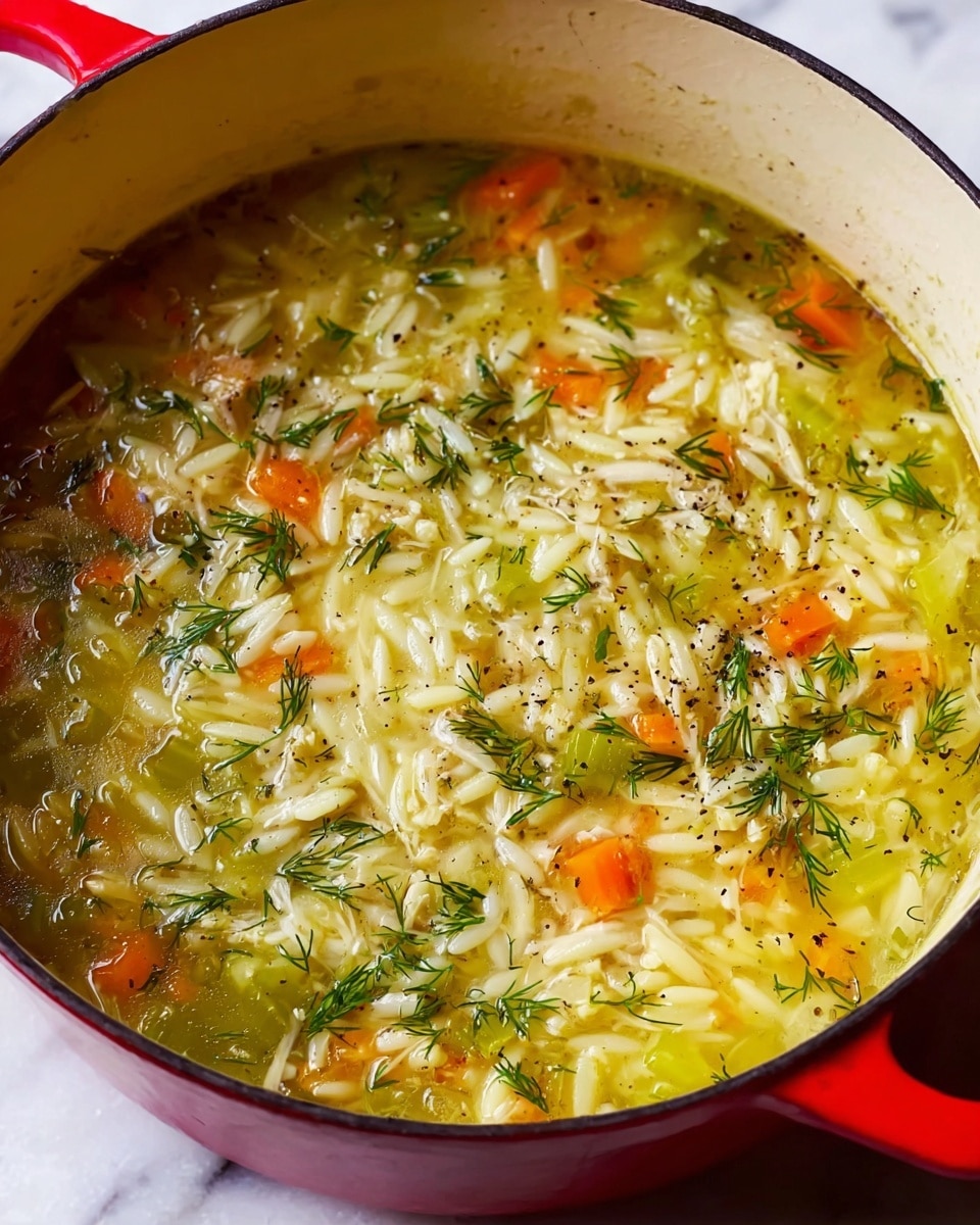 A close-up view of a bowl filled with a warm soup showing visible layers of ingredients: the base layer is a light golden broth with a slightly oily surface, mixed inside are soft, cooked white orzo pasta pieces, diced orange carrots, pale green celery chunks, and sprinkled with small fresh green dill sprigs on top, with a few cracked black pepper grains adding texture. A spoon is partially dipped into the soup. The bowl is white and set on a white marbled surface with a glimpse of a red pot handle in the background. Photo taken with an iphone --ar 4:5 --v 7