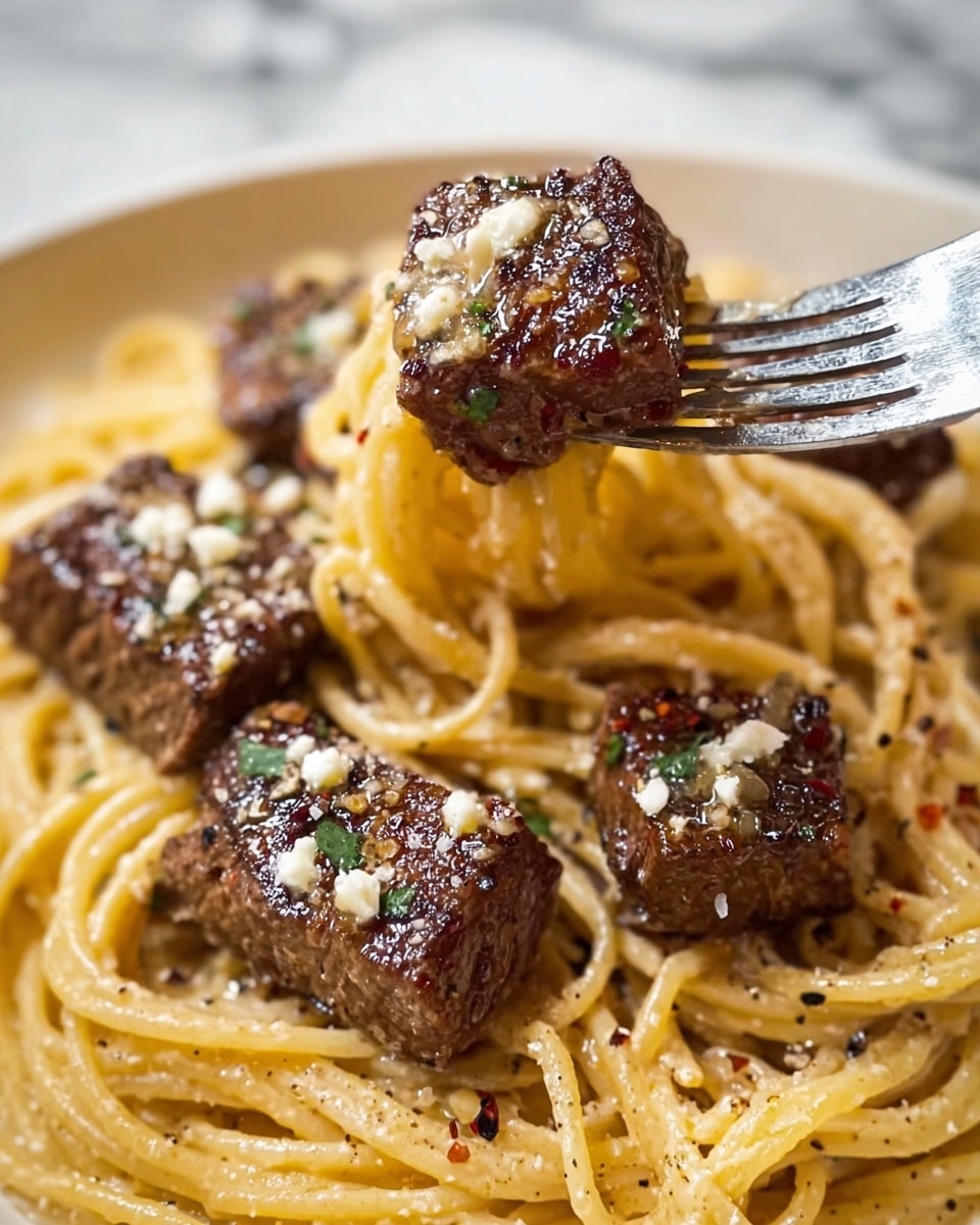 A close-up view shows a white plate filled with creamy spaghetti pasta, light yellow in color, coated in a smooth sauce with small pieces of black pepper and grated cheese sprinkled evenly on top. Resting on the pasta are several square pieces of grilled steak, dark brown with a slightly charred texture and a glistening surface, each piece topped with small bits of white cheese and green herbs. A fork with a shiny silver surface is holding one piece of steak above the pasta. The background has a soft focus with a white marbled texture. Photo taken with an iphone --ar 4:5 --v 7