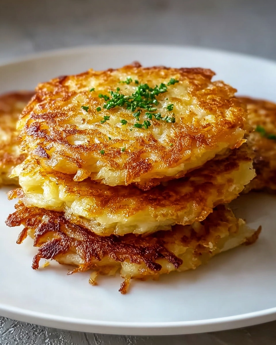 A close-up of a stack of three golden brown potato pancakes on a white plate, each pancake showing crispy, lacy edges with a textured surface of grated potato strands, topped with small green herb pieces adding a touch of color; in the background, a small white ramekin filled with creamy white sauce sits slightly blurred, all placed on a white marbled surface. photo taken with an iphone --ar 4:5 --v 7