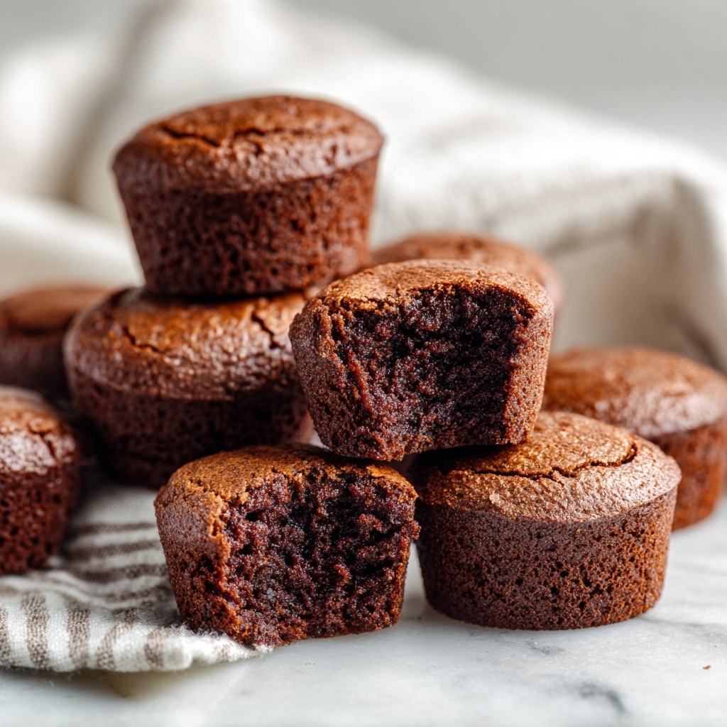 The image shows many small chocolate brownies scattered on white crinkled parchment paper. The brownies are round or slightly cylindrical, with a cracked top layer giving a textured, baked look. They vary slightly in height and have a rich dark brown color with a denser, moist interior visible on the sides. A white cloth with black stripes is partly spread under the brownies. The surface beneath is a white marbled texture, adding a clean and fresh background. Photo taken with an iphone --ar 4:5 --v 7