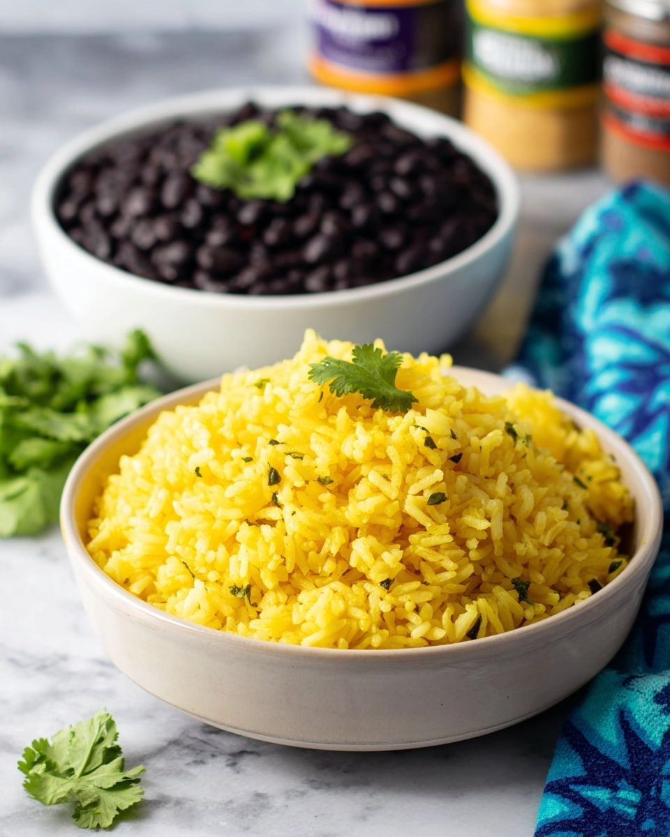 A close-up of a bowl filled with bright yellow turmeric rice mixed with small green cilantro leaves, topped with a sprig of fresh cilantro at the center. The rice looks soft and fluffy with evenly cooked grains. In the top right corner, there is a second bowl containing shiny black beans garnished with a few cilantro leaves. Both bowls are white, and the setting is on a white marbled surface. A teal cloth with white dotted patterns is placed on the top left corner, adding a pop of color to the composition. photo taken with an iphone --ar 4:5 --v 7