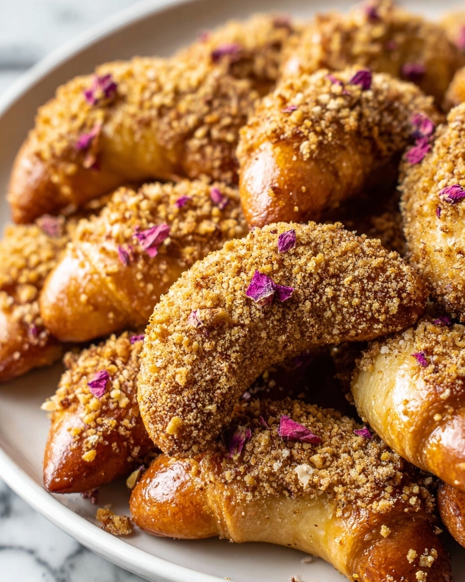 A white plate filled with crescent-shaped pastries arranged in a circular pattern, each pastry having a golden brown, slightly glossy outer layer. The pastries are coated partially with a crumbly light beige topping resembling crushed nuts, mainly concentrated on the ends and some parts of the surface. Tiny specks of pinkish-red petals are scattered lightly on top, adding a delicate contrast to the warm tones. The close-up view shows the texture of the crispy outside and the rustic, uneven crumb coating, all set against a white marbled surface. photo taken with an iphone --ar 4:5 --v 7