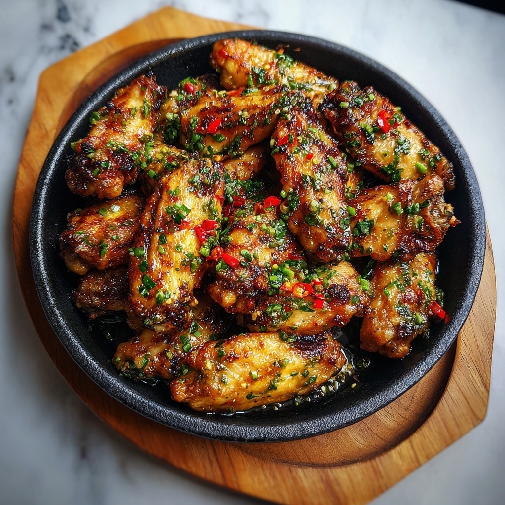 A round black pan filled with a single thick layer of grilled chicken wings, showing a golden-brown color with char marks. The wings are coated with a mix of finely chopped green herbs and red chili flakes, giving them a fresh, spicy look. The pan rests on a wooden board placed on a white marbled texture surface. Photo taken with an iphone --ar 4:5 --v 7