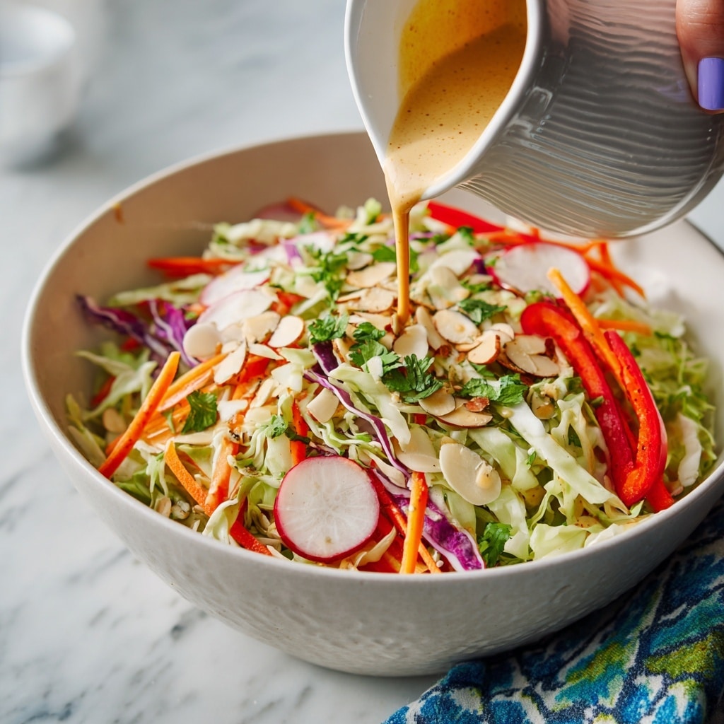 A large white bowl filled with a colorful mixed salad shows many thin layers; the base is made of shredded light green and purple cabbage, mixed with bright orange carrot strips and red bell pepper slices spread evenly. Thin round slices of radish and light tan almond slices are scattered on top, along with fresh green herbs finely chopped across the salad. A creamy, light brown dressing is being poured over the salad from a white ribbed jug, held by a woman's hand with light purple nail polish. The bowl is placed on a white marbled surface, and a blue, green, and white patterned cloth lies nearby. photo taken with an iphone --ar 4:5 --v 7
