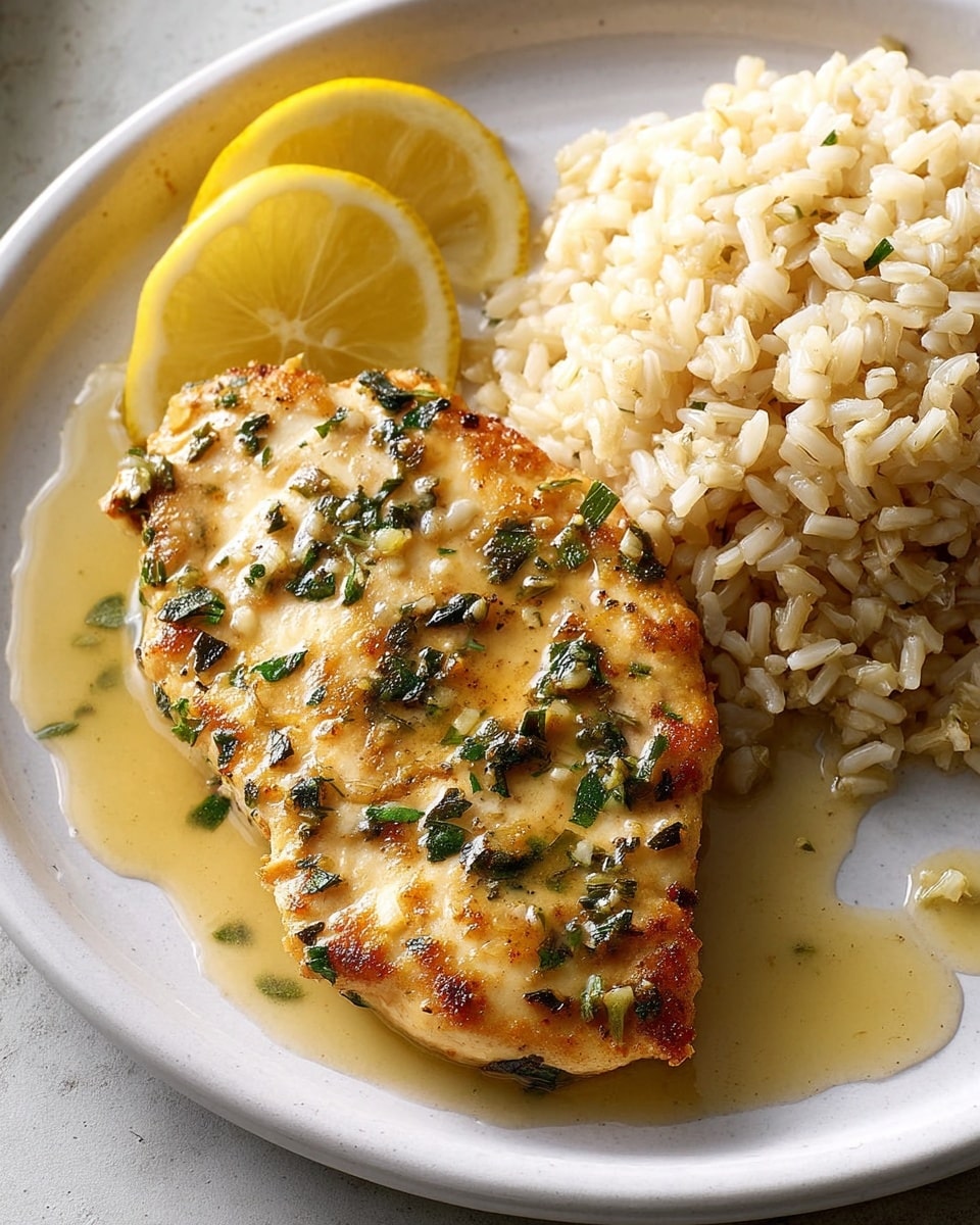 A white plate on a white marbled texture holds a golden brown, herb-crusted chicken breast with visible green herbs baked into its crispy surface and a glossy layer of light yellow sauce on top. To the right of the chicken is a pile of cooked brown rice, its grains plump and slightly shiny. On the left side of the chicken lies a bright yellow lemon wedge resting on the plate, with some sauce drizzled around it, adding a fresh and vibrant touch. photo taken with an iphone --ar 4:5 --v 7