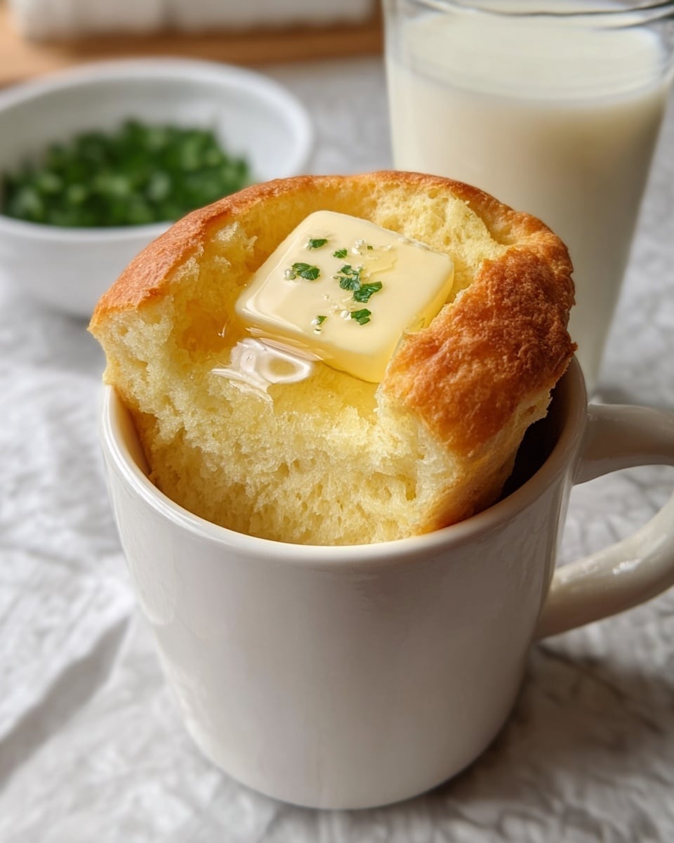 A white mug filled with a soft, fluffy, golden-brown baked bread that rises above the rim with its top part slightly separated, showing a light yellow, airy inside texture; on the surface of the bread inside the mug, there is a square pat of melting pale yellow butter placed in the center. In the background, a glass of white milk and a small white bowl with green chopped herbs sit on a white marbled countertop. Photo taken with an iphone --ar 4:5 --v 7