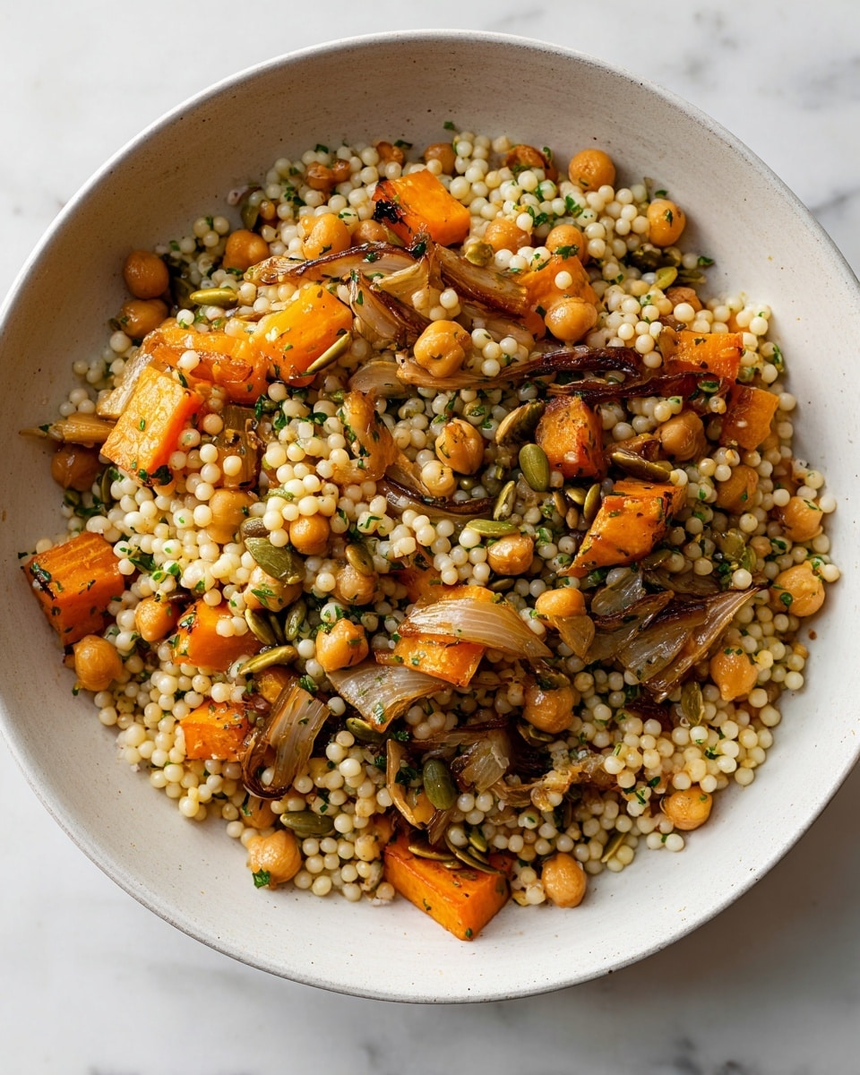 A close-up top view of a white speckled bowl filled with a mix of small round white couscous, golden brown chickpeas, orange roasted pumpkin cubes, and thin slices of roasted mushrooms scattered throughout. There are caramelized onion pieces with dark edges, green pumpkin seeds, and sprinkled fresh green herbs adding contrast and texture. The ingredients mix evenly across the bowl, showing a blend of warm orange, yellow, white, and green colors on a white marbled texture background. photo taken with an iphone --ar 4:5 --v 7