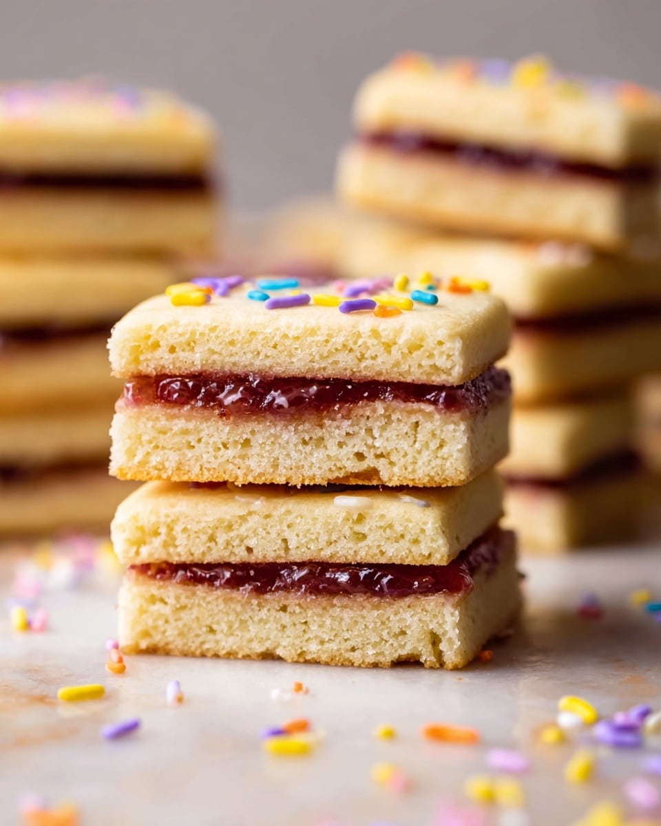 The image shows close-up views of stacked square sandwich cookies with two thick, light golden cookie layers and a glossy, dark reddish jam filling in the middle. The top cookie layer has small, colorful sprinkles scattered on the surface, adding small pops of yellow, blue, purple, and orange. The cookies have a soft crumbly texture with visible tiny air holes. In the blurred background, more cookies are stacked, and some colorful sprinkles are scattered on a white marbled surface below. photo taken with an iphone --ar 4:5 --v 7