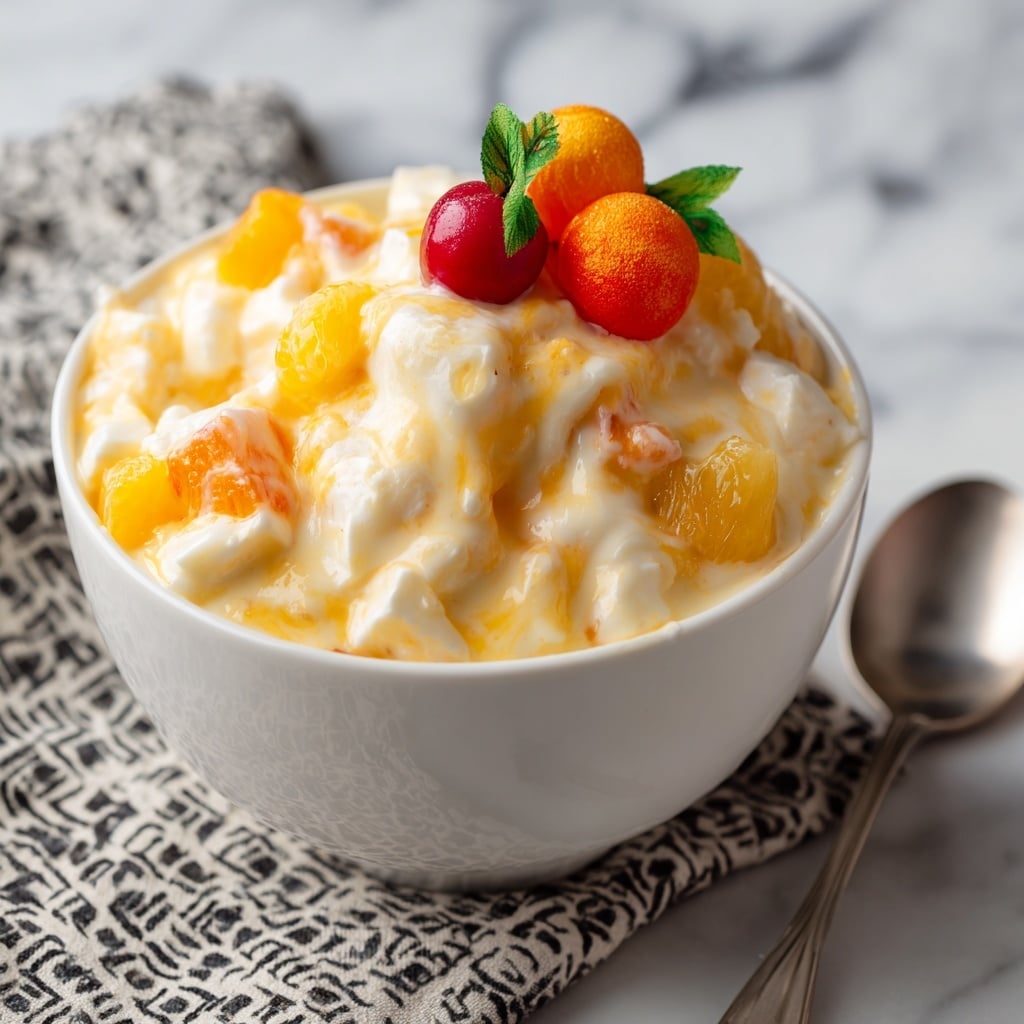 A close-up view of a creamy, chunky fruit salad served in a white bowl. The dish shows several textured layers of thick, smooth cream with soft blended yellow and orange hues, mixed with bite-sized pieces of white, soft cheese and bright yellow and orange fruit chunks scattered evenly throughout. The bowl is garnished with a small decoration of two textured artificial fruits, one orange and one red, with green leaves, placed on the rim. A silver spoon is inserted on the right side of the bowl. The bowl rests on a white marbled surface with a piece of black and white patterned cloth nearby. photo taken with an iphone --ar 4:5 --v 7