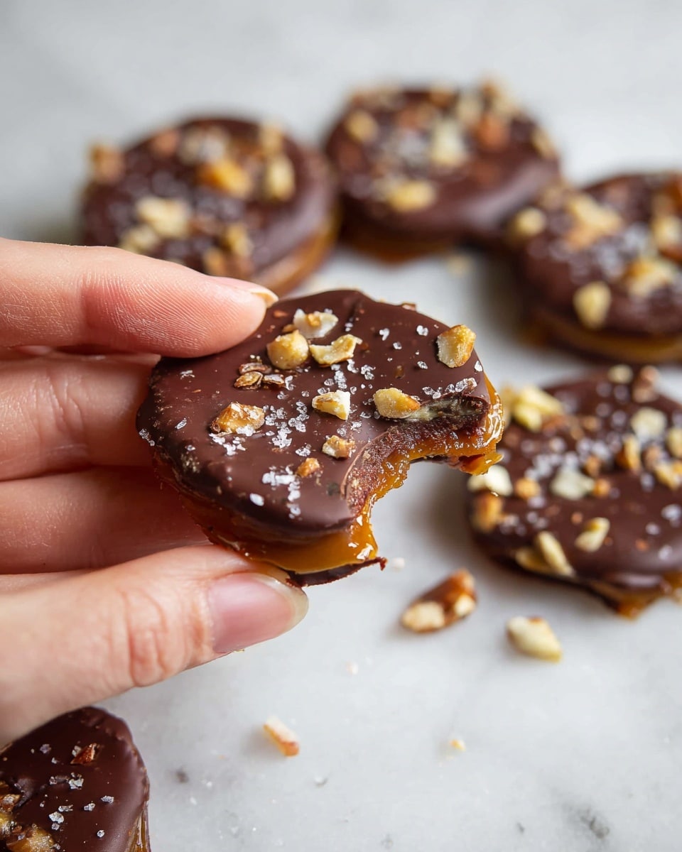 A woman's hand holds one piece of snack made of three visible layers: the bottom layer is a dark brown slightly wrinkled base that looks sticky and glossy, the middle layer is a smooth, shiny light brown spread peeking out around the edges, and the top layer is a rich dark brown chocolate round spread evenly with scattered small chopped nuts and flakes of sea salt on top. Several more of these snacks with the same three layers lie scattered on a white marbled surface in the soft focus background. photo taken with an iphone --ar 4:5 --v 7