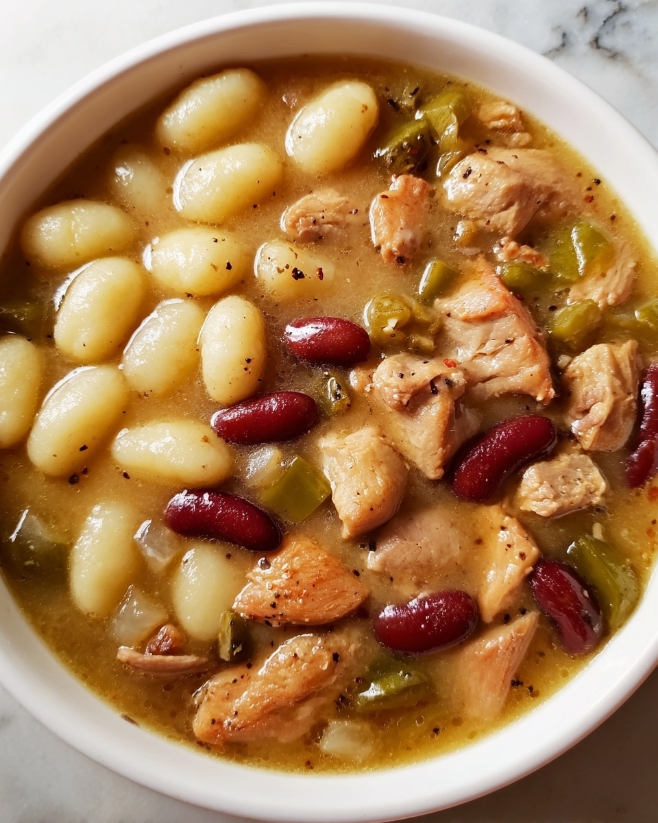 A close-up of a white bowl filled with a thick stew showing two main layers: the top left side has soft, pale yellow pearl-shaped gnocchi, and the bottom right side has chunks of cooked light brown meat mixed with whole red kidney beans and diced green vegetables, all sitting in a glossy, light brown broth with visible black pepper specks. The bowl is set against a white marbled texture. photo taken with an iphone --ar 4:5 --v 7