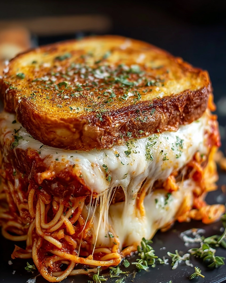 A close-up of a sandwich with three layers: the top and bottom layers are golden brown toasted bread with a slightly crispy texture and sprinkled with green herbs, while the middle layer shows melted white cheese stretching out and mixed with bright red spaghetti noodles coated in tomato sauce. The sandwich sits on a dark surface with some scattered green herbs around. photo taken with an iphone --ar 4:5 --v 7