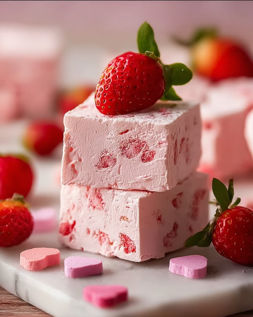 A slice of pink strawberry mousse cake is shown on a white plate, the cake has two visible layers: a thick, smooth light pink mousse on top and a thin, slightly darker pink layer at the bottom. The mousse is creamy and fluffy with small strawberry pieces, topped with a half strawberry and a few whole strawberries around the plate. The background is a white marbled surface, and the lighting makes the cake look soft and fresh. photo taken with an iphone --ar 4:5 --v 7
