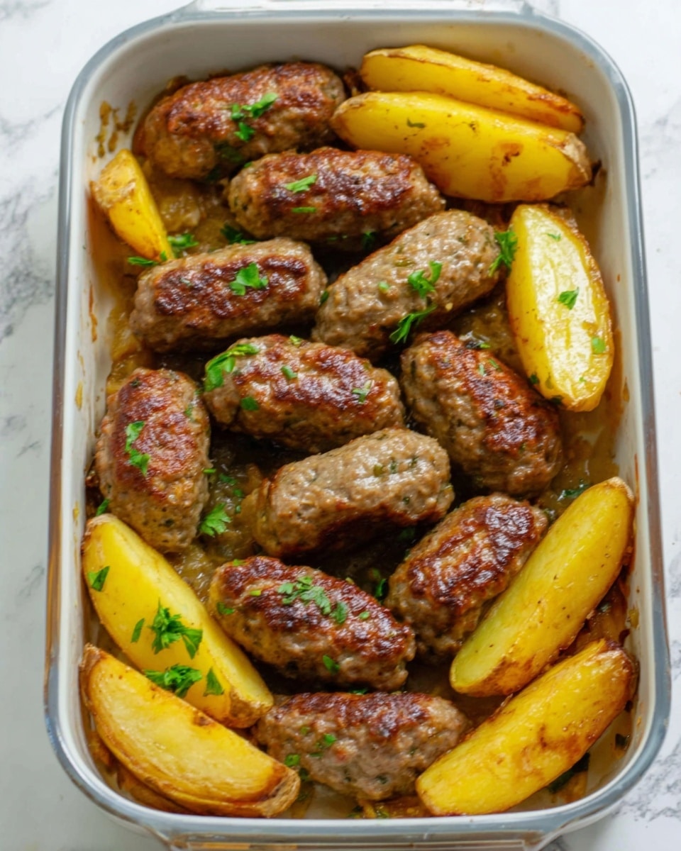 The image shows a clear rectangular glass dish filled with six oblong, browned meat patties arranged in two rows. Around the patties, there are thick slices of golden-yellow roasted potatoes with a crispy texture. The dish rests on a white marbled surface, and the meat looks juicy with a slightly rough texture. A green herb garnish is faintly visible on top of the meat patties, adding a subtle touch of color. Photo taken with an iphone --ar 4:5 --v 7
